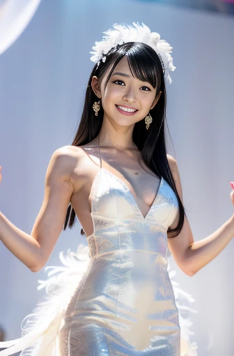 best quality, detailed, beautiful, insanely detailed, absurdres,
Japanese woman,black hair,27 years old,
(slender),
(small breasts best quality),
Smile, ((goddess)), (the hem of her white dress is swaying), (six large white feathers:1.3), floating in the air, hands in front of her chest, (divine background:1.3)