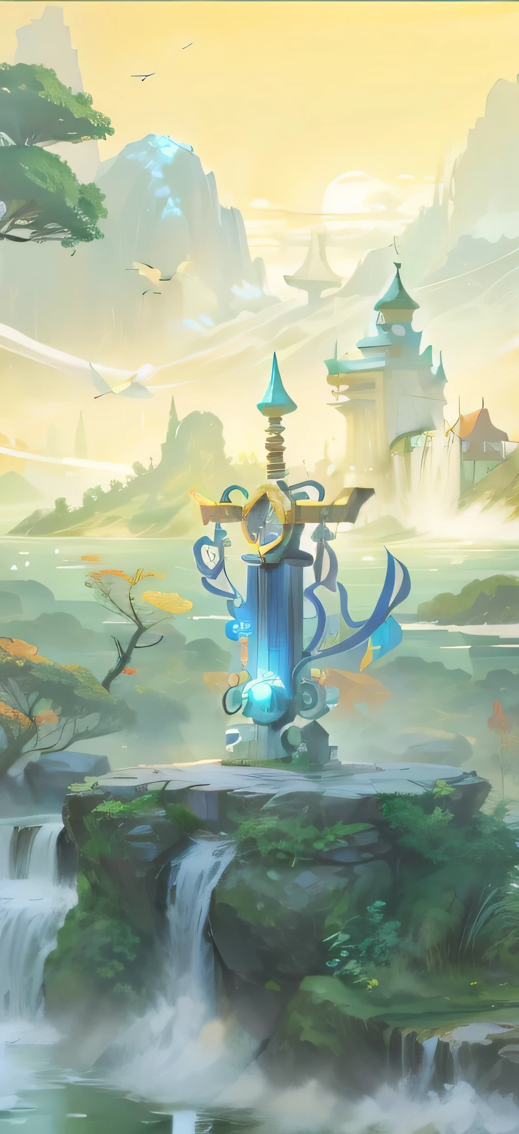 Chinese fairy tale scene,There is a sword on the stone platform in the middle