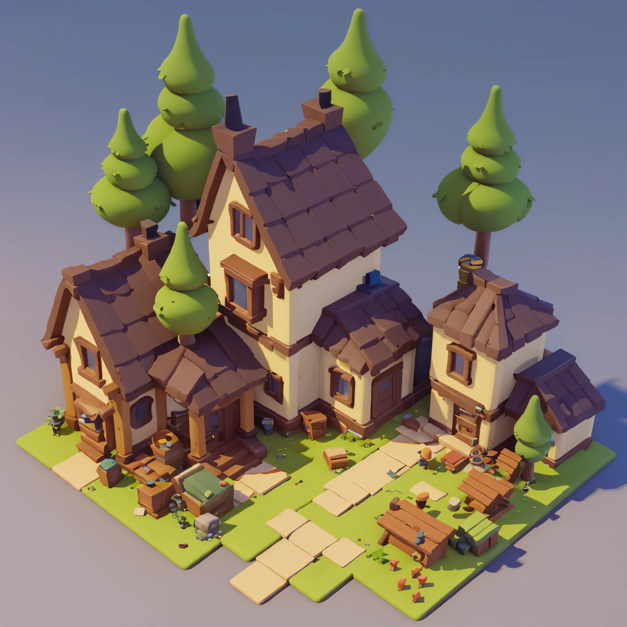 Game architectural design, cartoon, house, trees, casual game style, 3d, blender, closeup, masterpiece, super detail, best quality