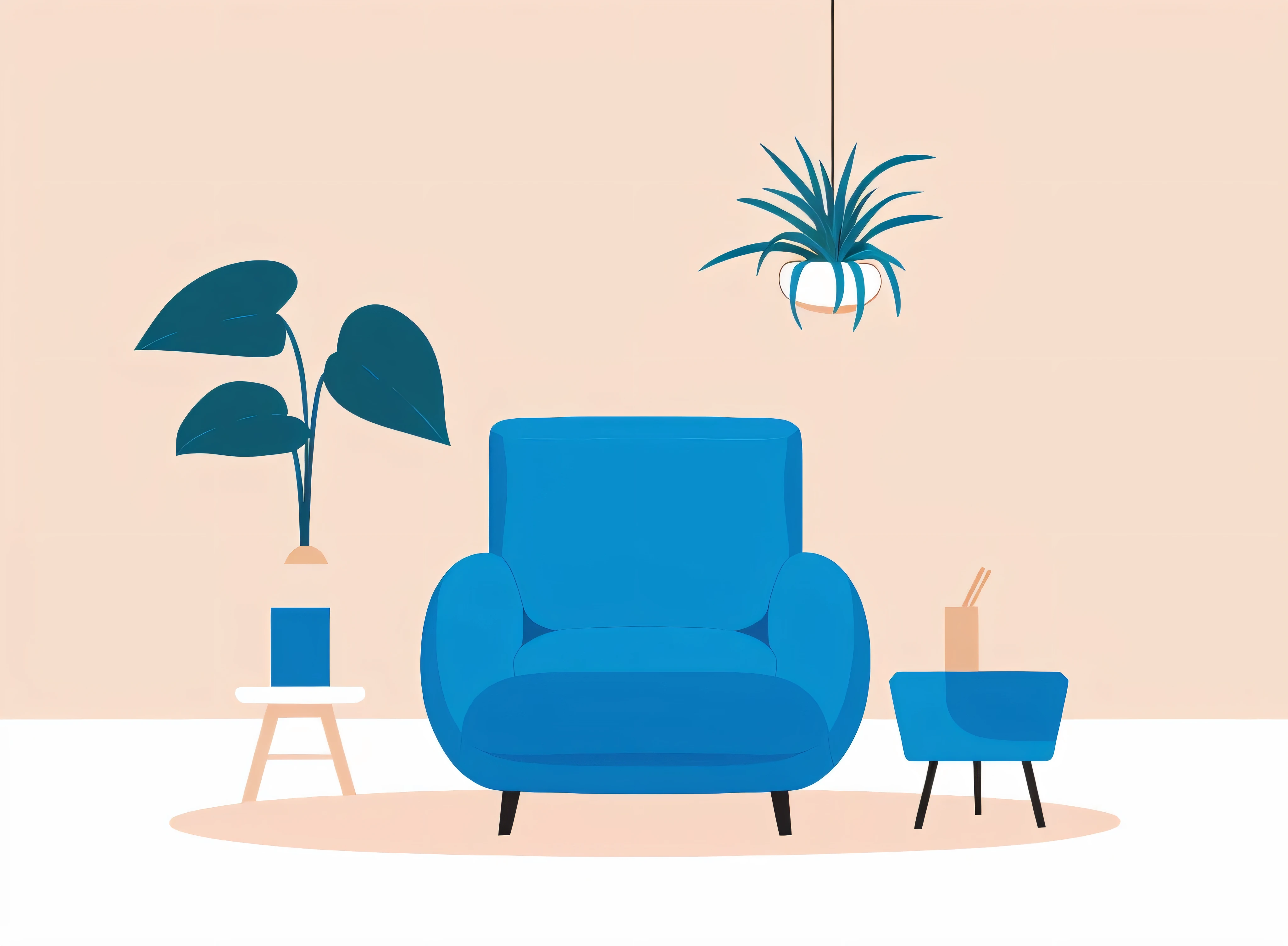 there is a blue chair and a plant in a room, flat illustration, minimalist cartoon style, living room background, minimalistic illustration, minimalist illustration, flat color, simple and clean illustration, mid century modern cartoon style, flat color and line, furniture and decor, cozy living room background, flat 2 d design, minimalistic composition, soft blue living room, shaded flat illustration