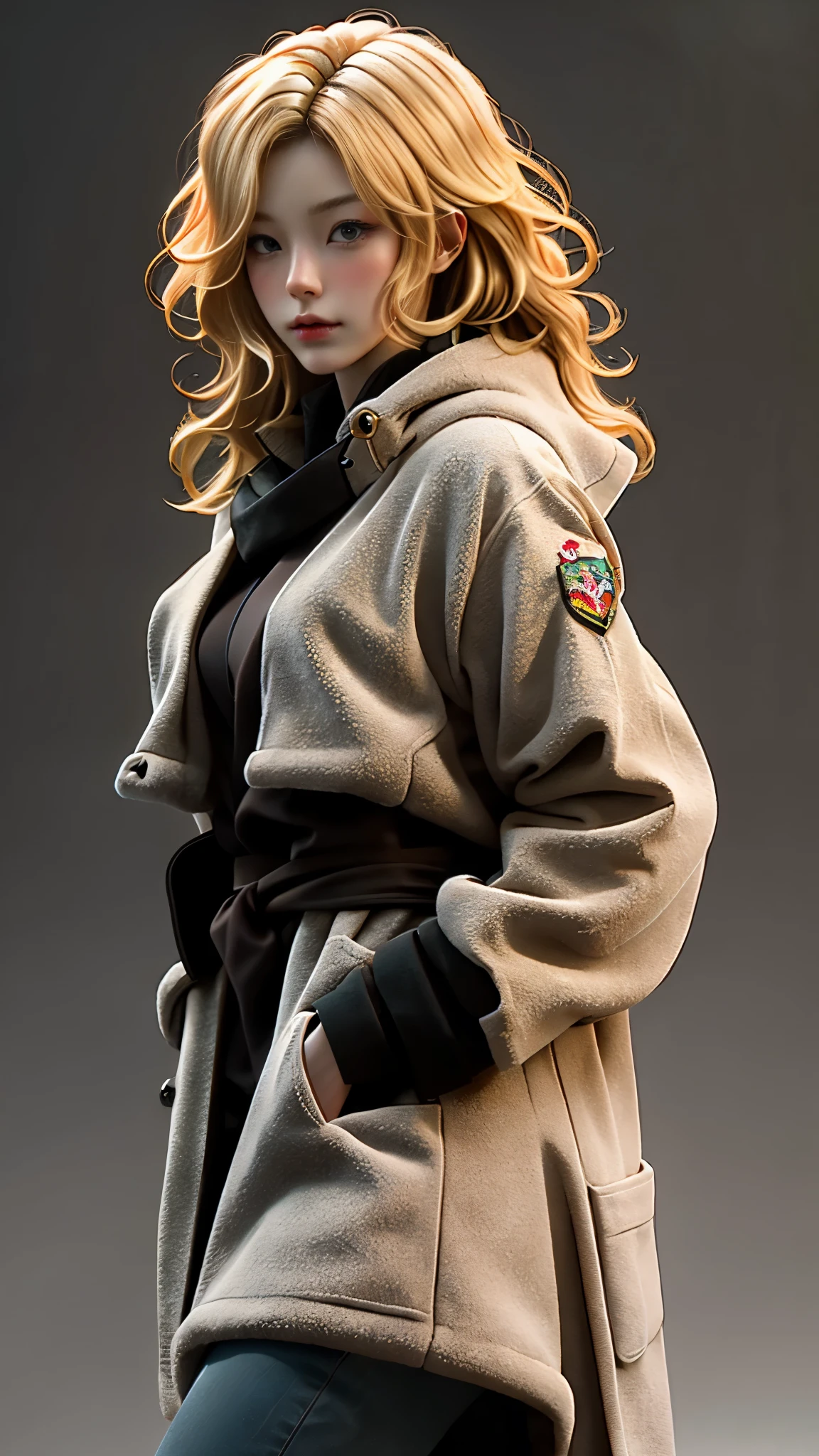 Realistic Red Sotheby Girl Photo，35 year old beautiful woman，long side waves，delicate blonde hair，cool look，background is gray，Coat of arms of the Principality of Zeon，