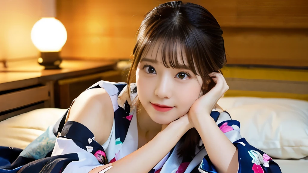 1girl in, Extremely cute face, Amazing face and eyes, (Highly detailed eyes, Highly detailed face), fresh, Very clean appearance, (Hyper-realistic, hight resolution), (Best Quality:1.4), Raw photo, (Realistic, Photorealsitic:1.37), Professional Photography, Cinematic Light, (floral pattern yukata:1.25), (Amazing big:1.1), (Open yukata), (Bare shoulders), Smile slightly, (Lying face down on a futon:1.5), (Staring at me), Bedroom, futon bedding, PILLOWS, Floral Screen, Relaxing, Lantern light, candle light,