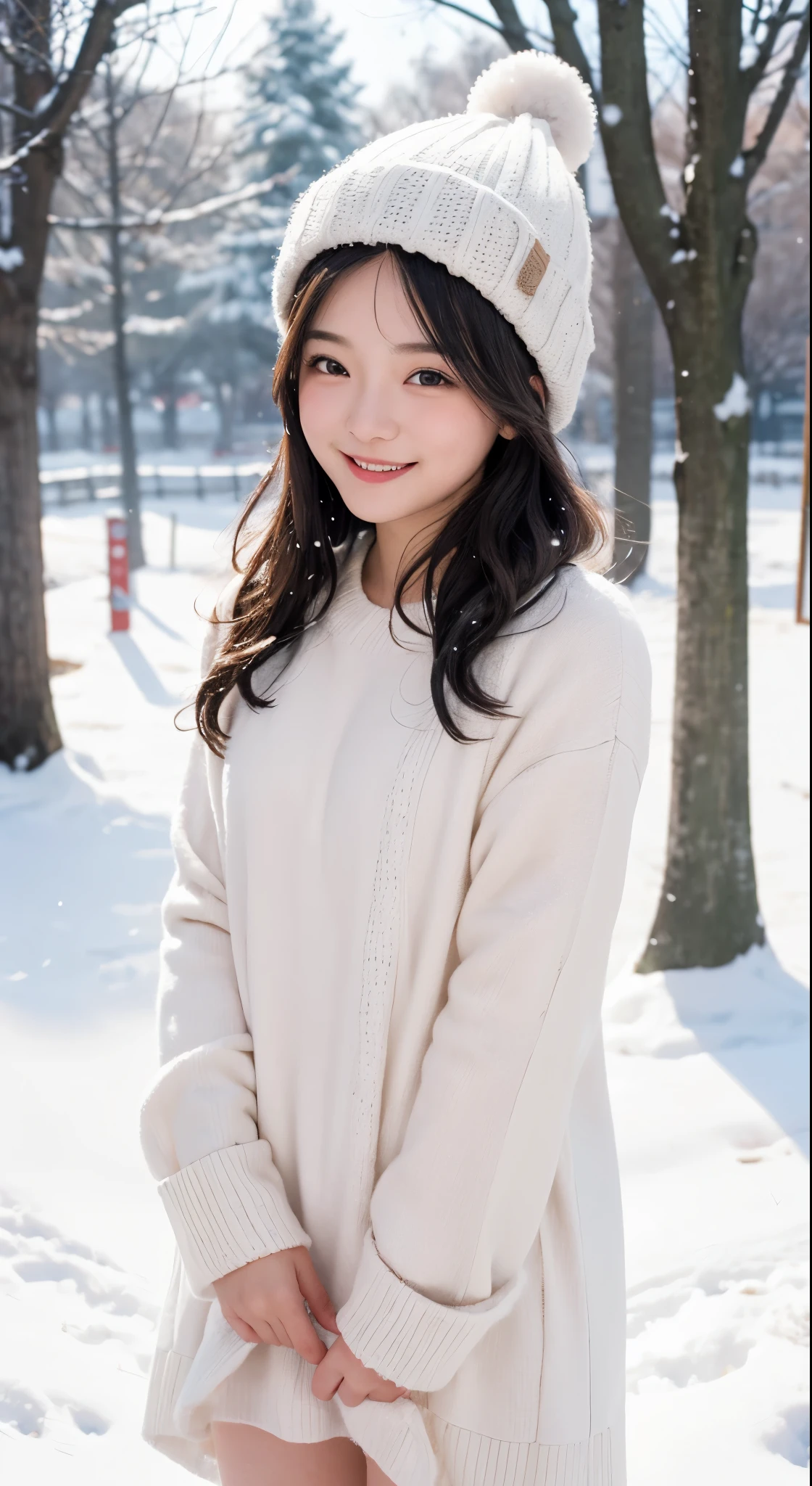 (Photographed by my boyfriend)、((No clothes))、((full nude))、(It's cold and hard)、I'm so embarrassed、order an embarrassing pose、((front view))、(highest quality、masterpiece)、NSFW、Stylish nudity、blush、Life、8k、ribbon hair ornament、looking at the viewer、wavy hair、laughter、open your mouth and smile、smile、Good atmosphere on site、with a 17 year old girl, snow scene, winter wonderland, cute and innocent look, rosy cheeks, sparkling eyes, woolen hat、Pose with movement、footsteps in the snow, falling snowflakes, frosty tree, snow ground, soft snow texture, gentle and delicate lighting, pastel color palette, dreamy atmosphere, quirky and magical, 高解像度のmasterpiece:1.2, Super detailed, realistic:1.37, bright colors, Bokeh、無邪気なsmile、hair blowing in the wind、close up of face、Smiling、