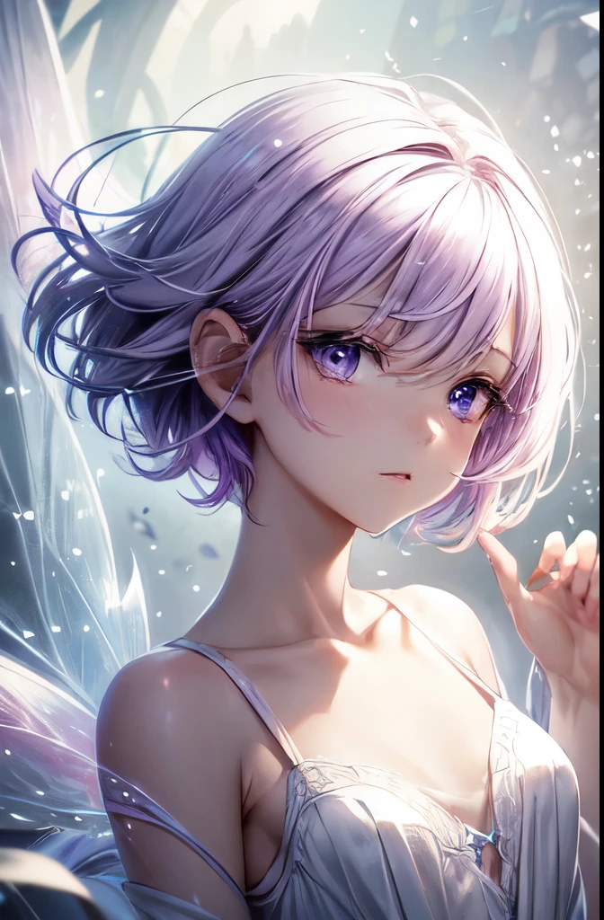 With lilac short hair and lilac eyes,neak,beautiful as a fairy,small breast,white dress,A melancholy expression that stirs affection,side face,floating hair,light particles,glare,vivid,fancy,dreamlike,a dim atomshpere