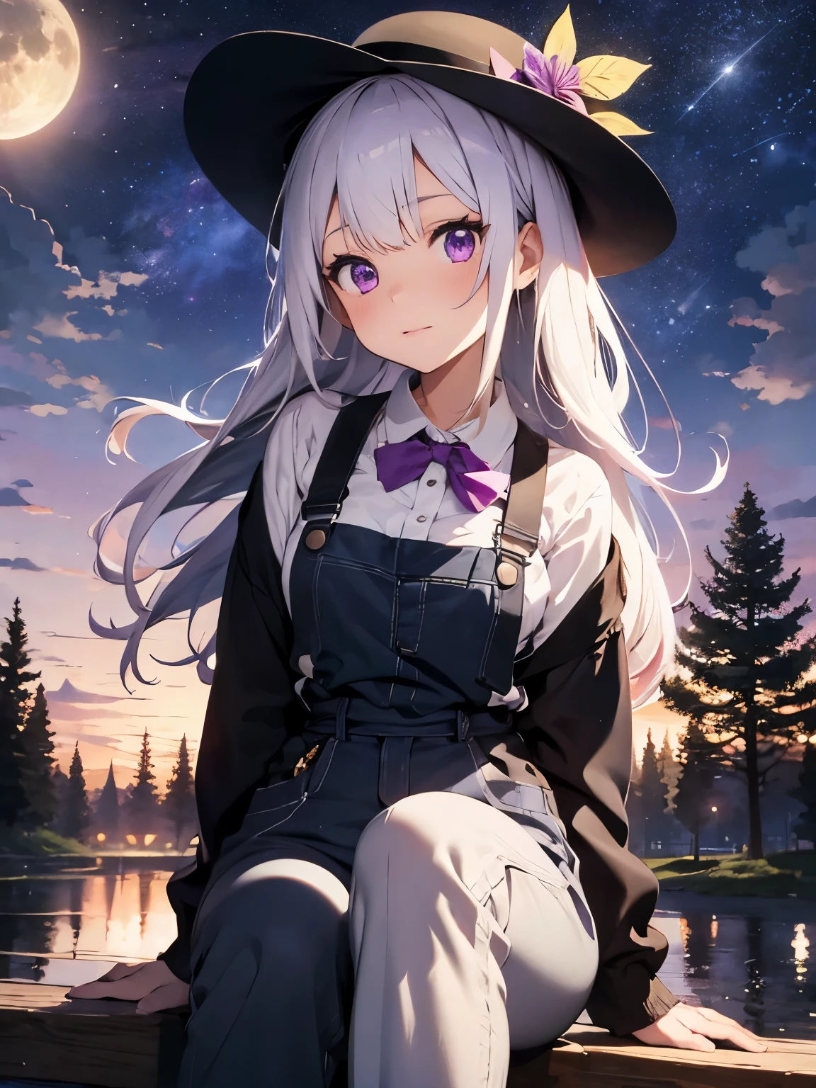 Anime Girl, White Hair, Purple Eyes, Straw Hat with Magenta Ribbon, Purple Blouse and Black Overalls with Long Pants, Black Shoes, Night Farm Background, Moon Shining, Stars, Dark Night, Close-up Portrait, Sitting Position