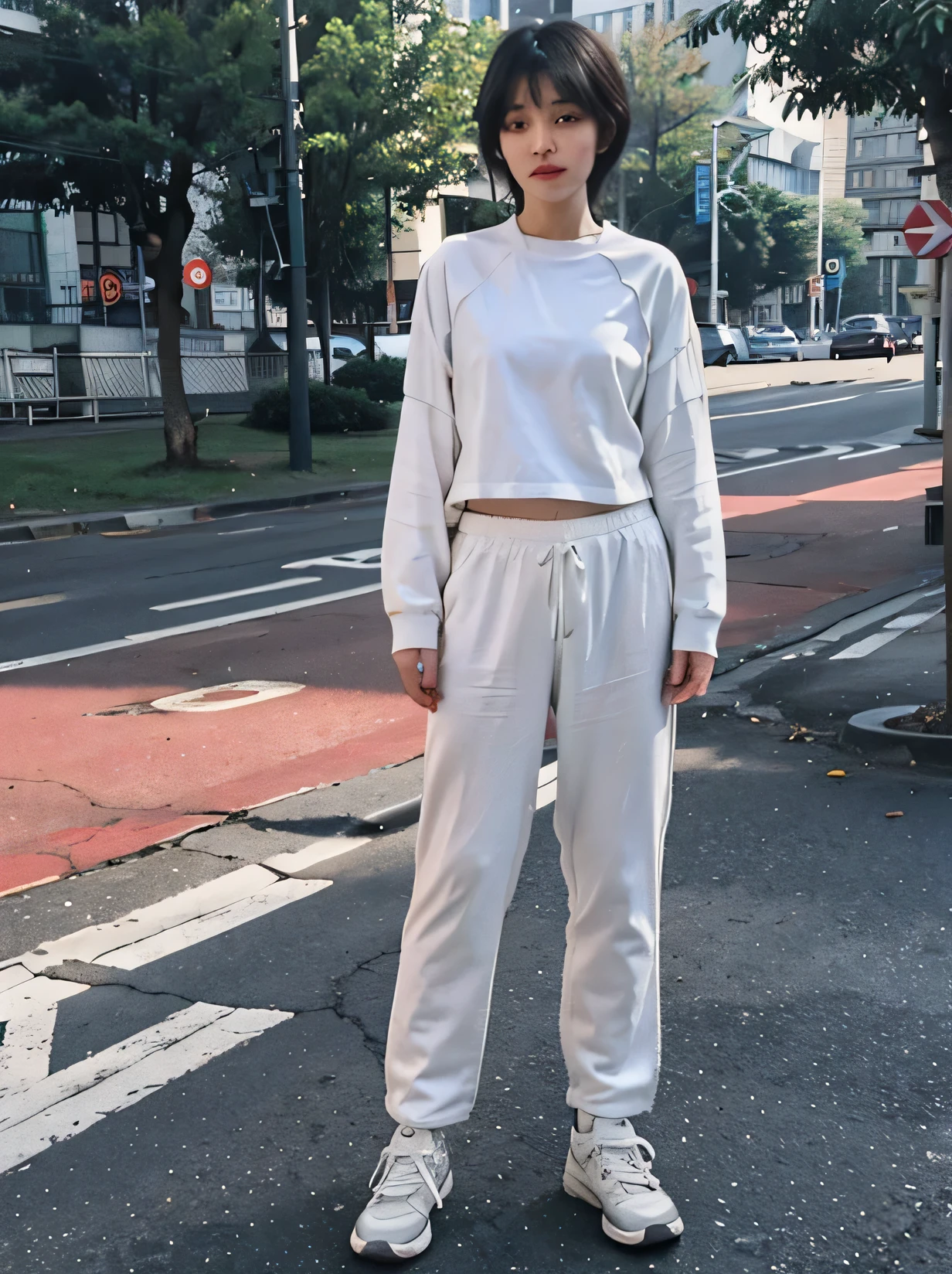 ，short hair，Wearing gray sportswear，White trousers，black sneakers，standing posture