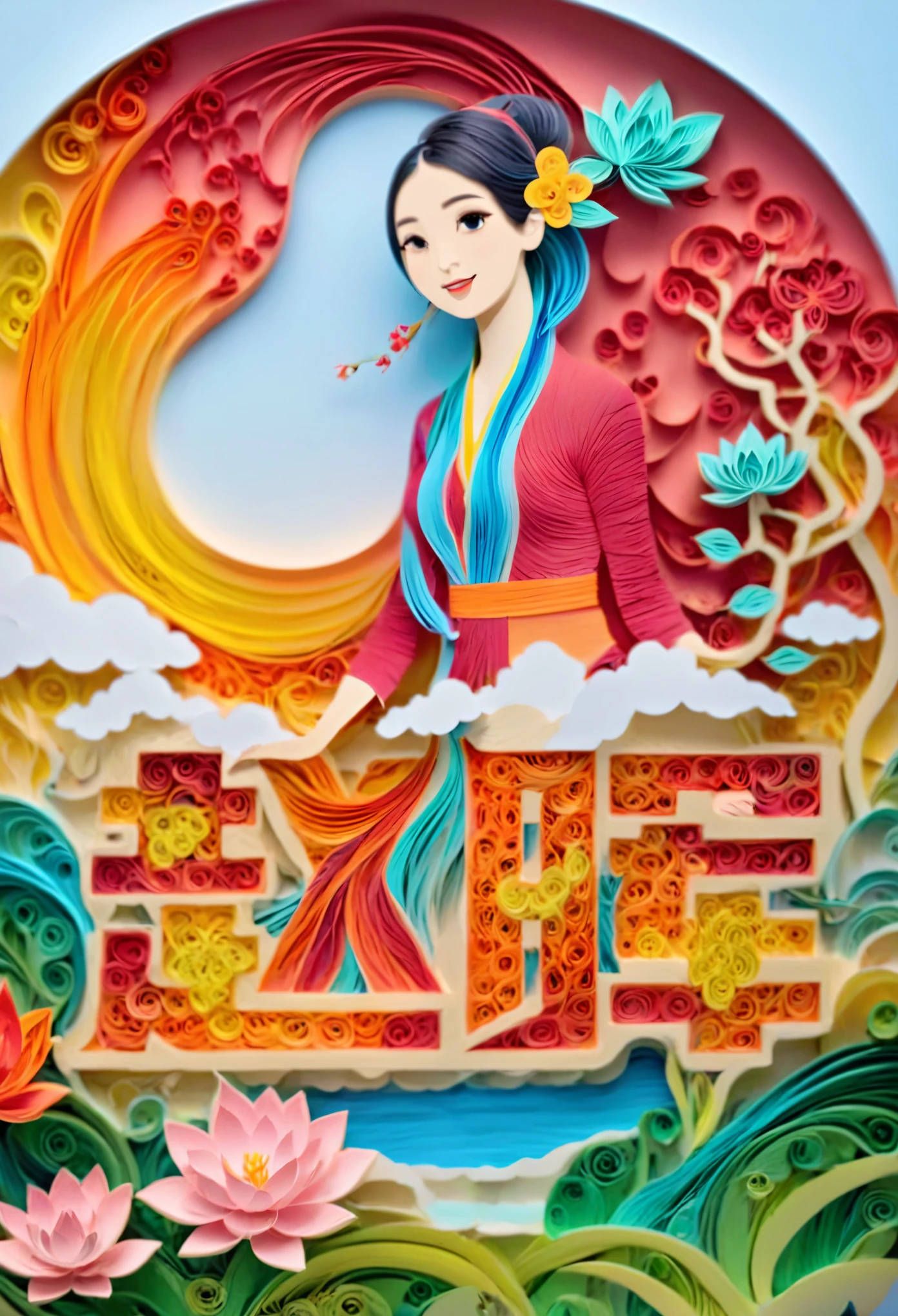 (number art, paper art,layered paper art,paper quilling,paper-cut,paper sculpture)，1 girl,mountains, tree, river，flowers，lotus， (Oriental elements, Chinese color, Advanced color matching),(3D sculpture，Render by Octane，Volumetric light), (Loss of focus, Very colorful, light, chiaroscuro,Ray tracing)