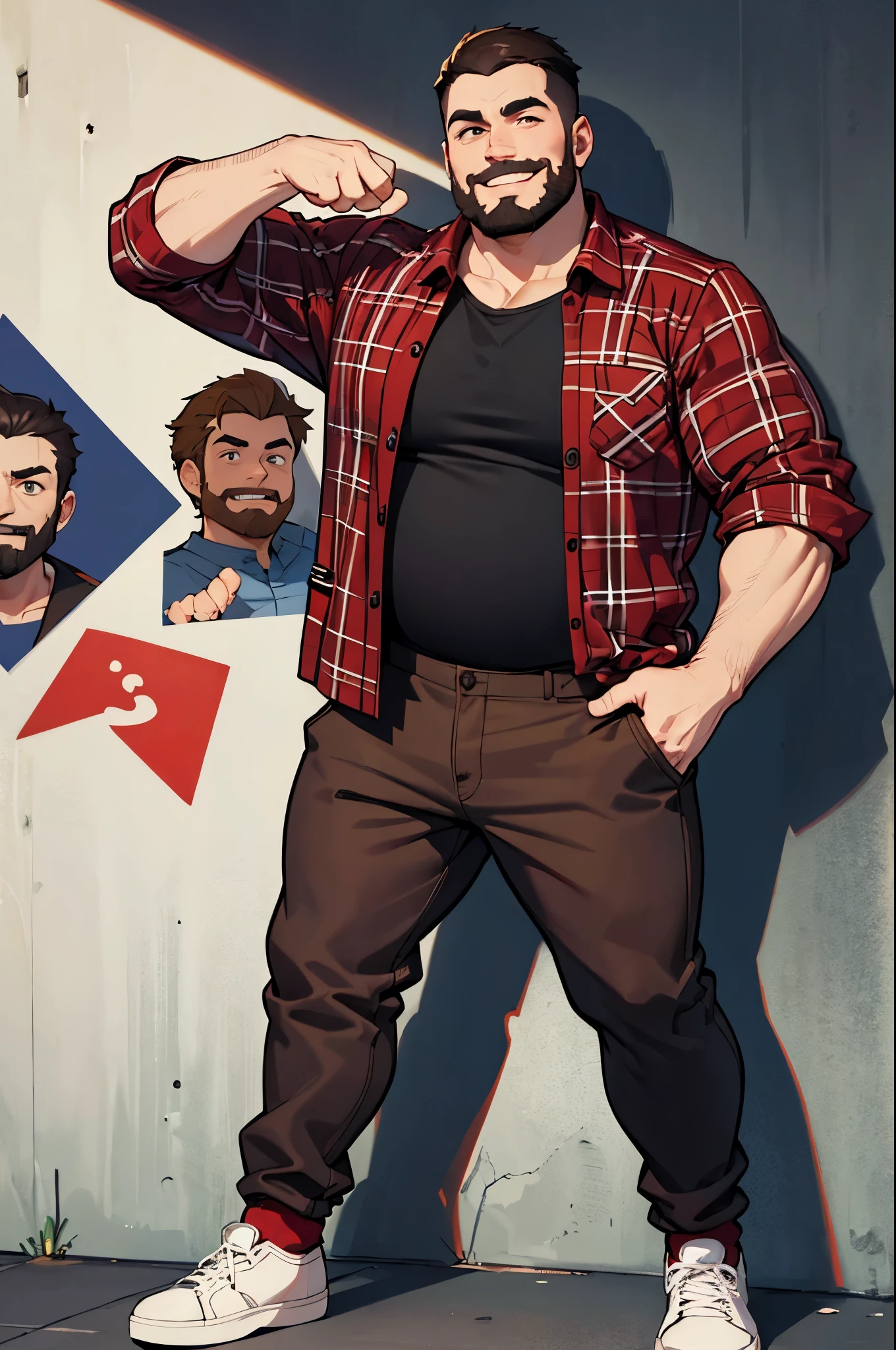 Homem de 1,80 cabelos e barba preto, half fat without belly with happy smile red lumberjack style plaid shirt and brown pants black ALL star sneakers. Imagem de corpo inteiro, in a pose of someone showing something on the wall pointing with their hands 