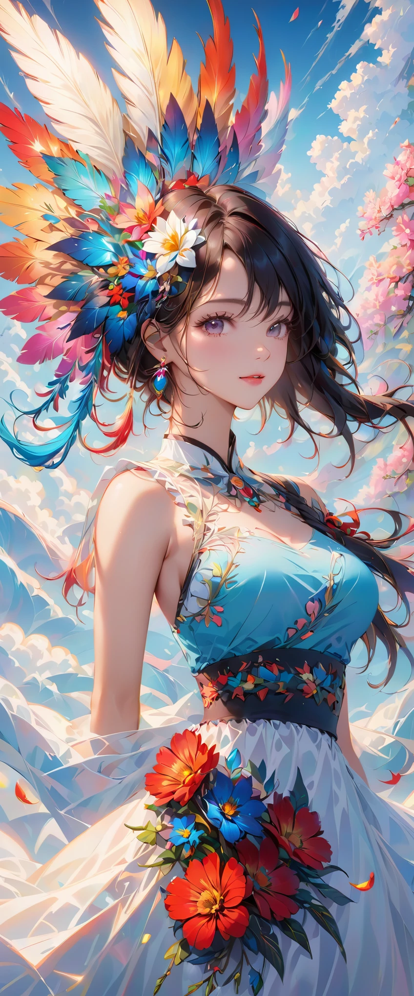 ((Fractal art)),((masterpiece,best quality,Very detailed,ultra high resolution,Detailed background)),(((abstract background))),(1 girl),((rich and colorful)),flowers,(skin shiny),((Many colors)),(earrings),feather