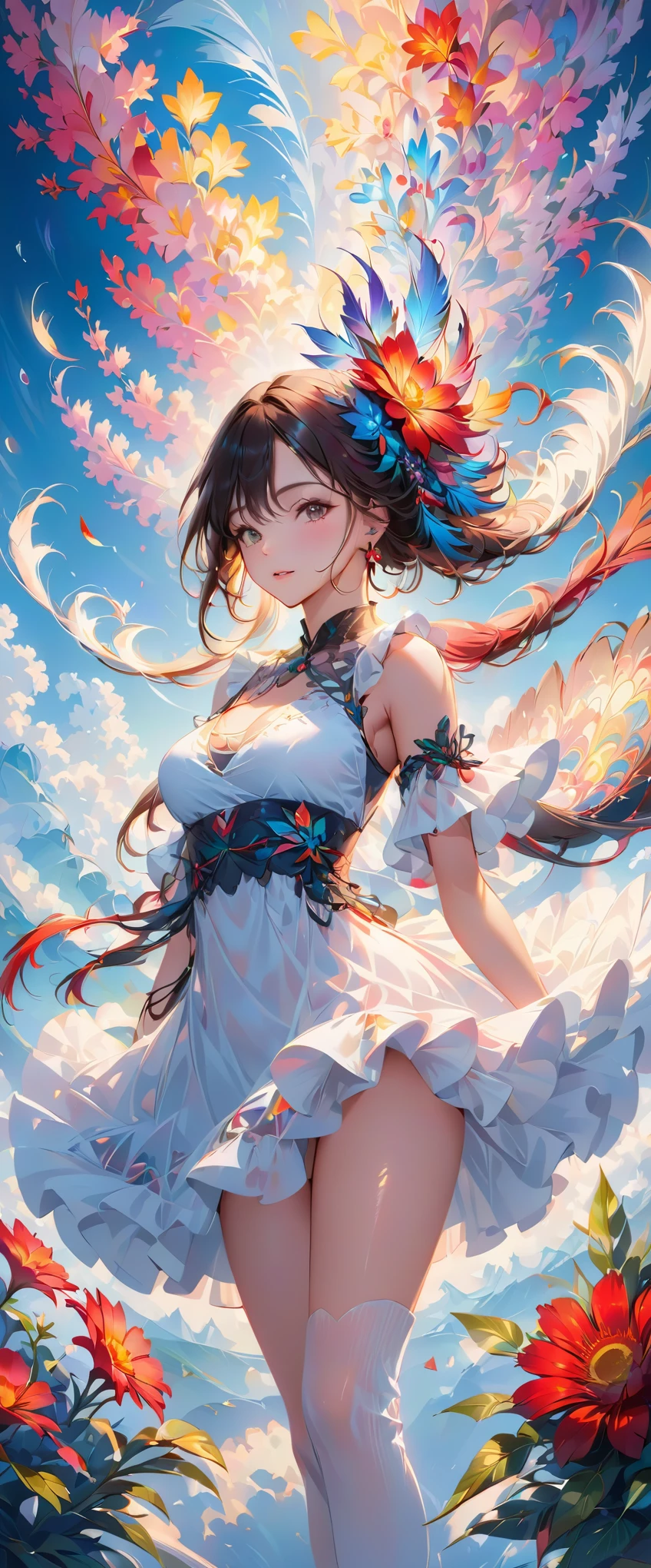 ((Fractal art)),((masterpiece,best quality,Very detailed,ultra high resolution,Detailed background)),(((abstract background))),(1 girl),((rich and colorful)),flowers,(skin shiny),((Many colors)),(earrings),feather