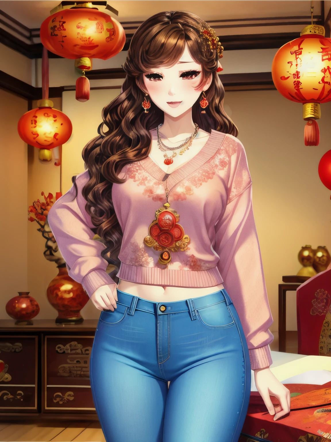 wavy hair wavy hair,（（（hair accessories）））,necklace,Wear a sexy sweater,,skinny jeans,The room is filled with Chinese New Year decorations（（（masterpiece）））, （（bestquality））,（（intricatedetails））,（（Surreal））（8k）,Misako