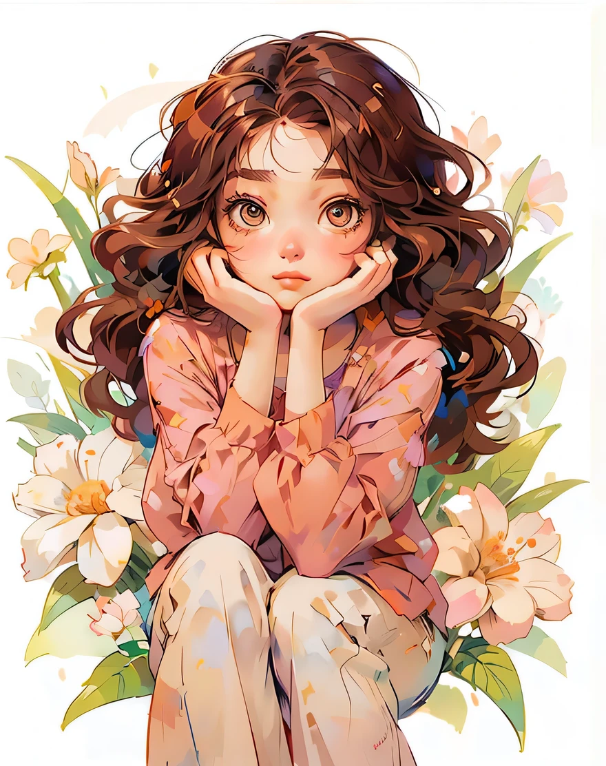 Anime girl sitting on the ground covering her face with her hands, sitting There are flowers, brown hair girl, cute digital art, 可爱的Art style, Lovely and detailed digital art, Bovoort&#39;Art style, brown hair and big eyes, There are flowers, Realistic cute girl painting, beautiful anime girl, cute anime girl, portrait of cute anime girl, cute portrait