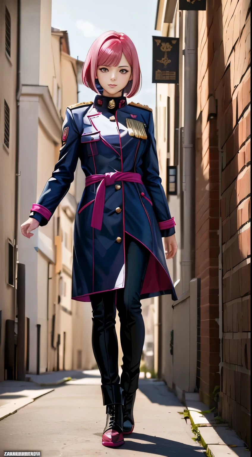 Realistic red Sozabi girl full body photo,short bob cut,hair color is bright pink,brown eyes,cool look,background is gray,Coat of arms of the Principality of Zeon,The -yeld dater of Hamankarn and Char Aznable.,