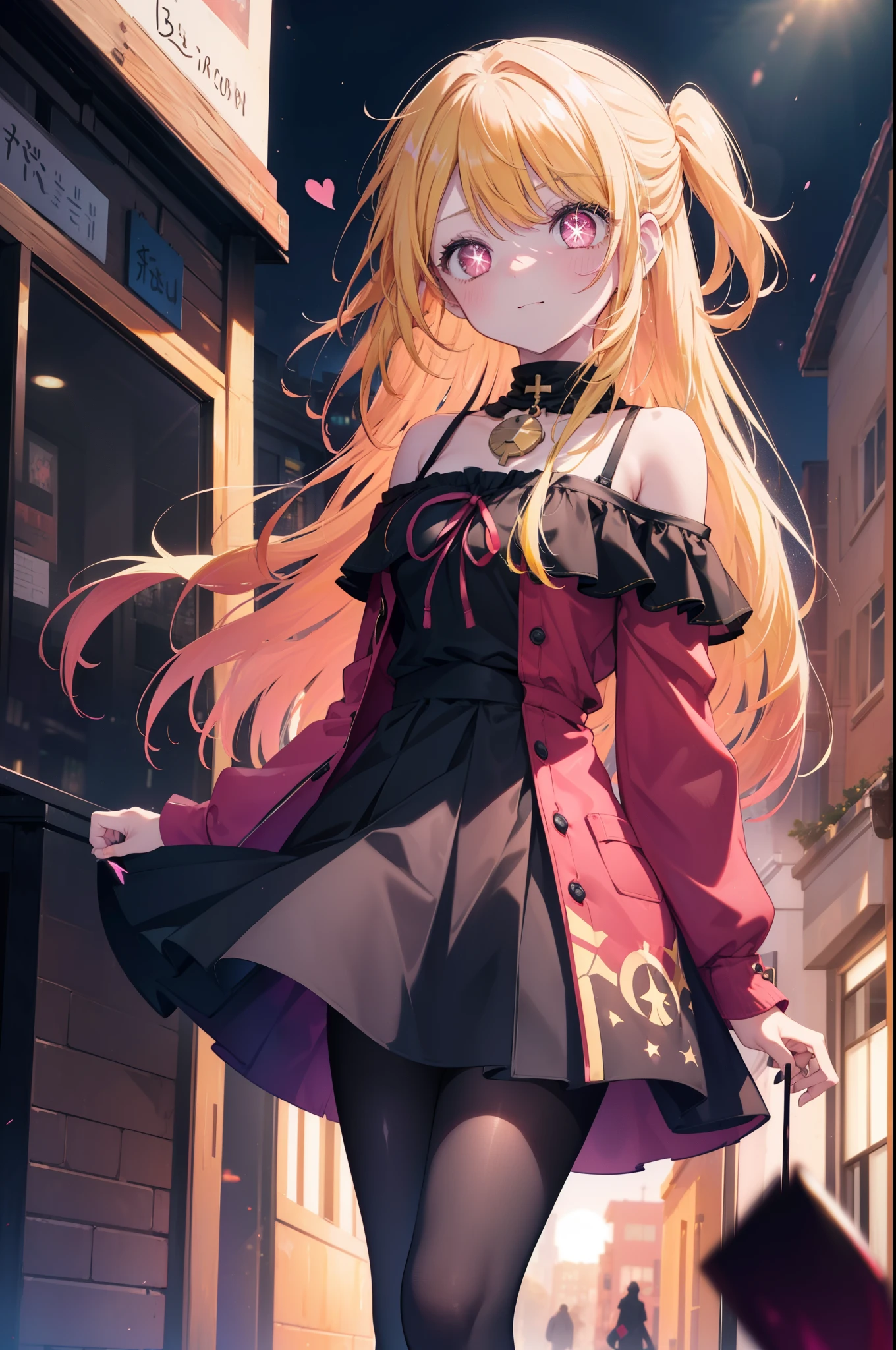 rubyhoshino, Ruby Hoshino, (yellow hair:1.5), long hair, one side up, (pink eyes:1.5), side lock, (right eye star-shaped pupil:1.5), (pupil in the shape of a symbol:1.5), (mismatched pupils:1.5),(great laugh:1.1), (open your mouth:1.1), red long coat,off shoulder sweater,bare clavicle,naked neck,bare shoulders,pleated skirt,black pantyhose,short boots,(wide open eyes:1.2), Bokeh, Depth of the bounds written, blurred background, particles of light, strong wind, (heart particles:1.1),sunset,evening,The sun is setting between the buildings,
break looking at viewer,
break indoors, In town,building street,
break (masterpiece:1.2), highest quality, High resolution, unity 8k wallpaper, (figure:0.8), (detailed and beautiful eyes:1.6), highly detailed face, perfect lighting, Very detailed CG, (perfect hands, perfect anatomy),
