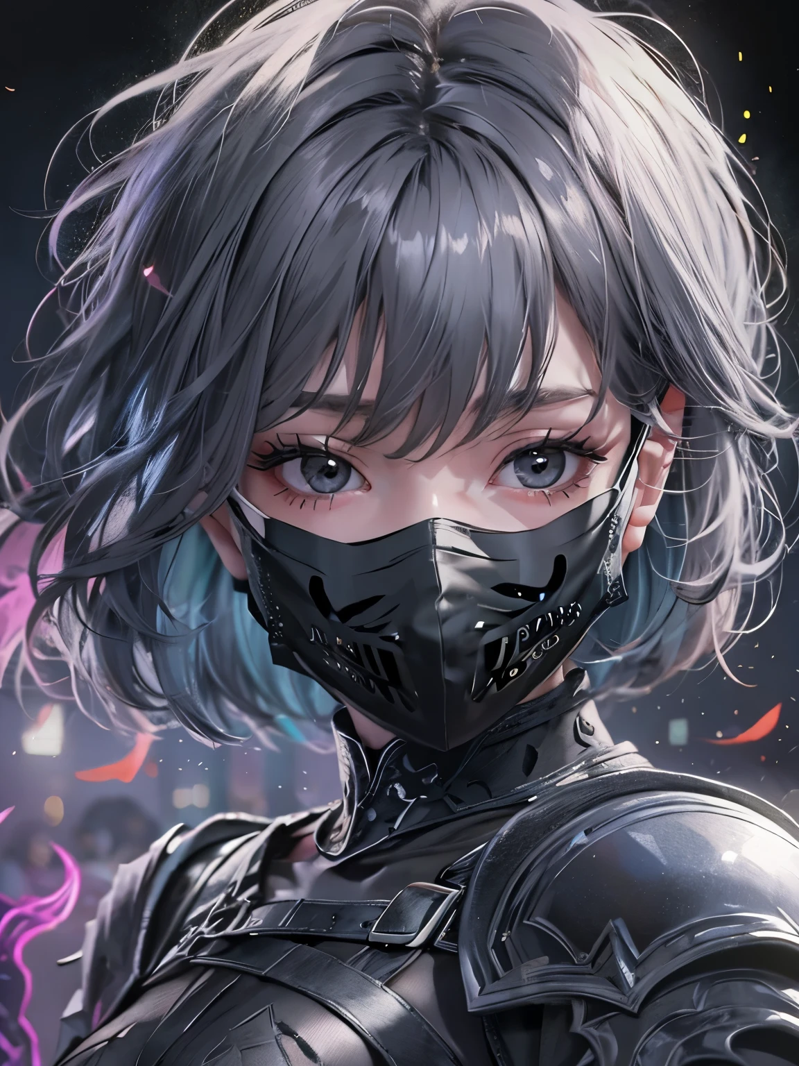 NSFW((masterpiece)), (((Best Quality))), ((Ultra-detailed)), (extremely detailed photo), ((extremely delicate and beautiful)),(Cute delicate face), (A 25 years old dignified girl),(black and violet full armor) ,(holding a violet glowing sword ),short hair,against a dark background in a city,solo, double eyelid,delicate skin,slender body shape,(Wearing a black mask:2)