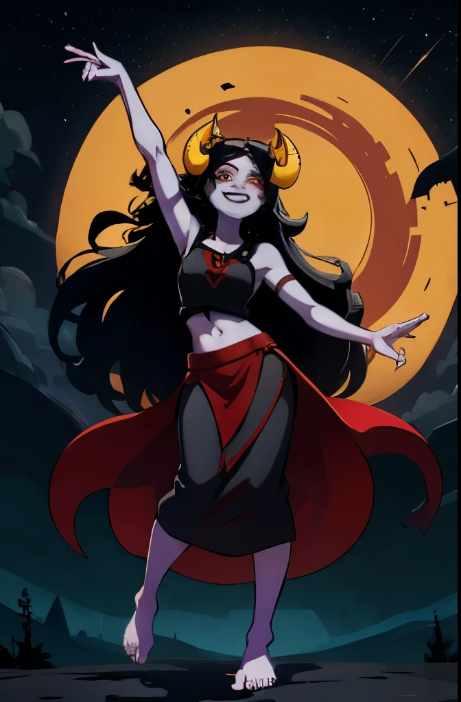 masterpiece, best quality, aradia, (horns), black bellydancer costume, tumblr, dancing, midriff, aesthetic, dark eyes, (grey skin), dark skin, yellow sclera, very long hair, jewelry, bracers, barefoot, smile, dark background, mature, outside, night, high contrast, stars, bare shoulders, forest, dress, hand in air, eyeliner