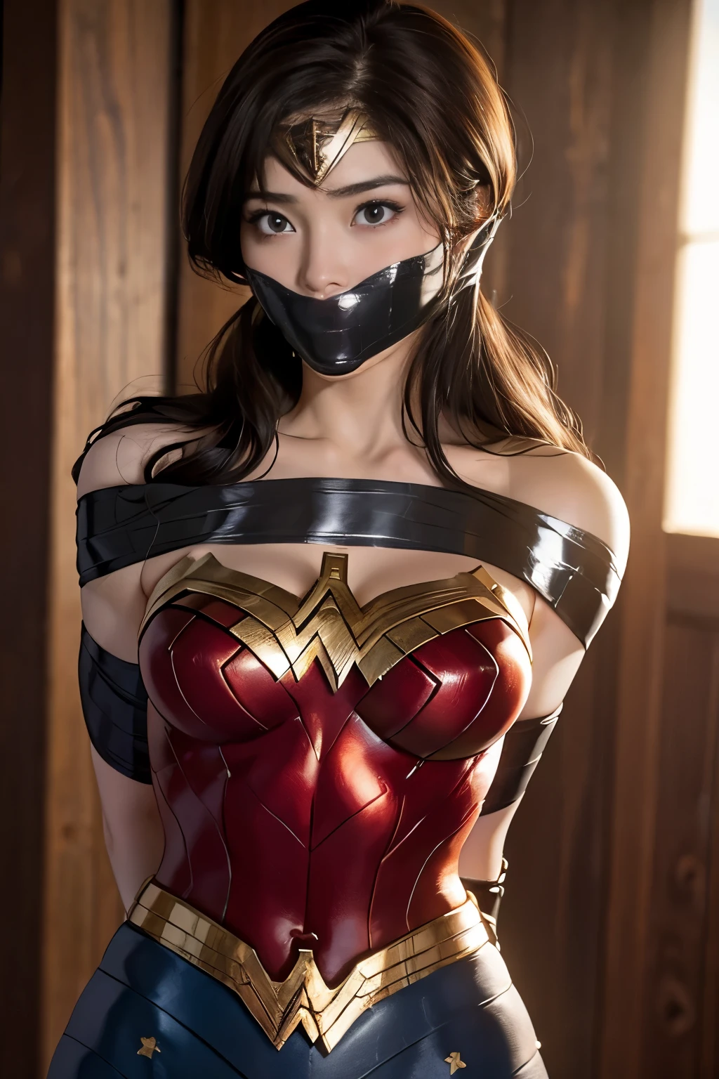 perfect wonder woman costume,1 girl, brown hair, , improvised gag, tape gag, gagged, duct tape, tape bondage, turn your arms behind your back, tied arms,, looking at the viewer,masterpiece、1 beautiful girl、fine eyes、puffy eyes、highest quality, 超High resolution, (reality: 1.4), movie lighting、Japanese、asian beauty、Korean、super beautiful、beautiful skin、body facing forward、close up of face、(超reality的な)、(High resolution)、(8k)、(very detailed)、(美しくfine eyes)、(Super detailed)、 (wall-)、detailed face、bright lighting、professional lighting、looking at the viewer、look straight ahead、slanted bangs、night view、brown hair、Nogizaka Idol、korean idol、fiery idol pose、、25 years old、wonder woman cosplay，wonder woman tiara