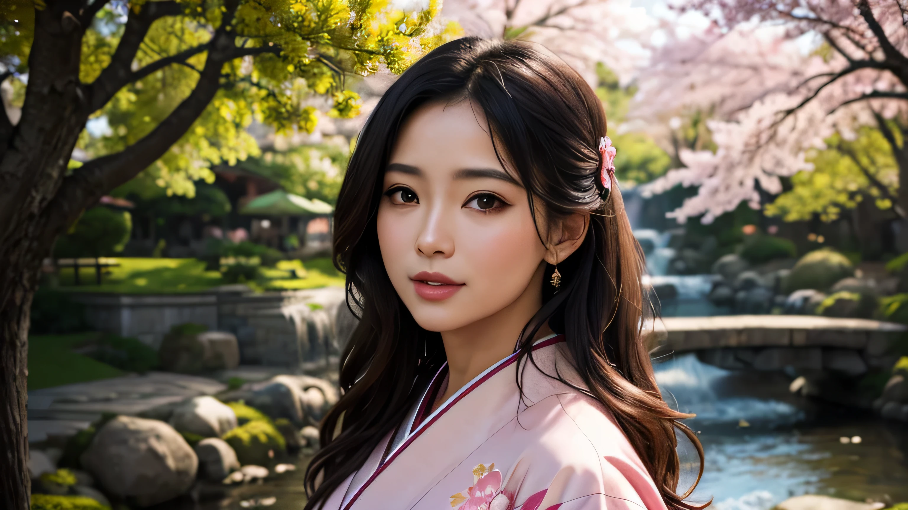 (ultra detailed,high resolution),(realistic,photorealistic:1.37),beautiful woman,pink kimono,sakura tree background,portrait,soft lighting,vivid colors