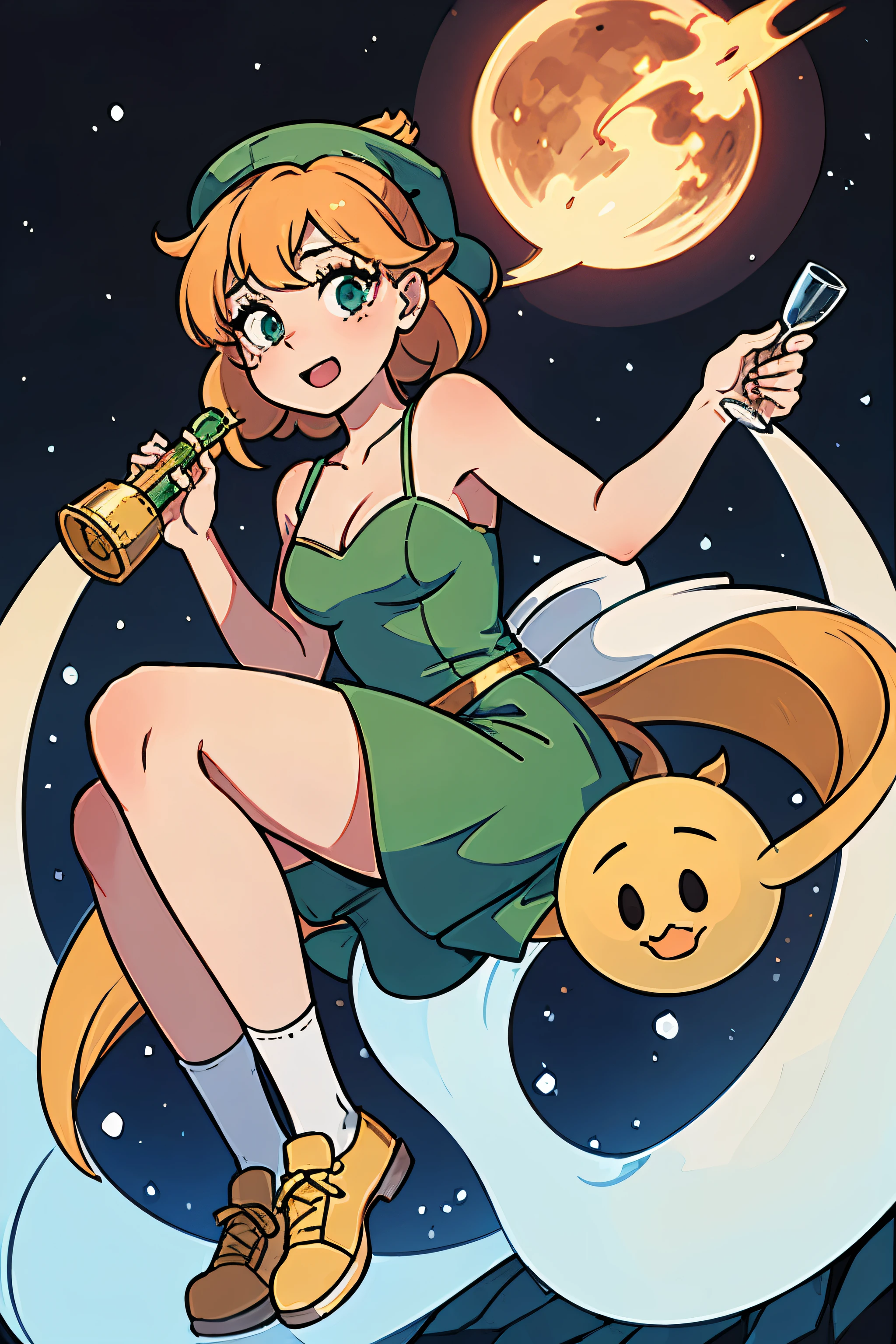 
create a cartoon-style graphic of Tinkerbell in a Santa hat and Santa socks sitting on the moon. But still needs to have the green dress. And she needs to have a glass of sparkling wine in her hand. And she needs to have a gloriole, in a breathtaking composition. in a surreal setting // dream like // surreal complementary background