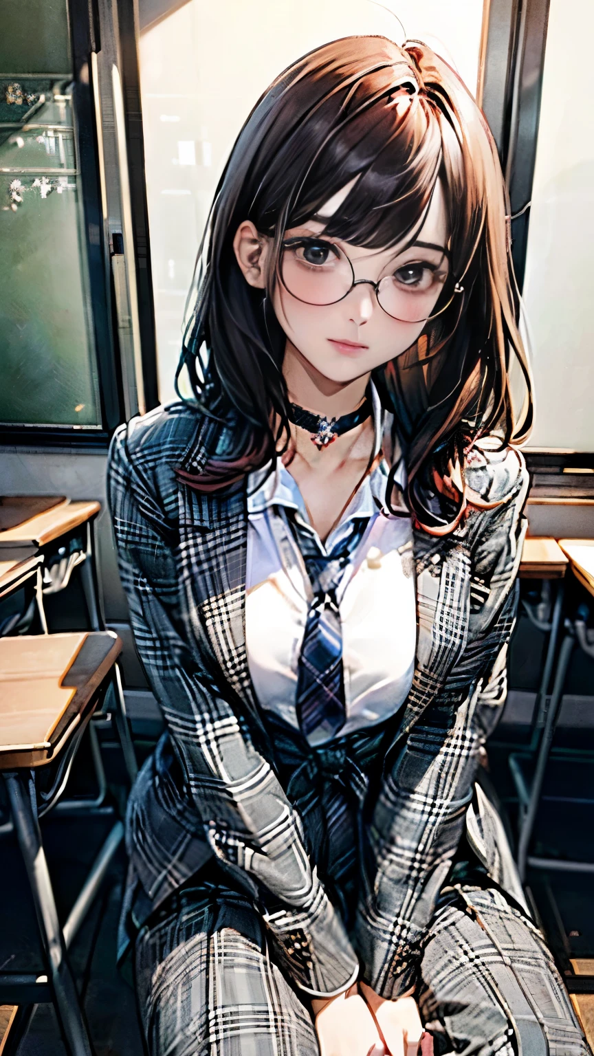 there is a woman sitting on a couch with a plaid shirt, dressed as schoolgirl, cute schoolgirl, amouranth, (sfw) safe for work, hyperrealistic schoolgirl, fully dressed, with black pigtails, a hyperrealistic schoolgirl, nerdy, better known as amouranth, thighhighs and skirt, realistic schoolgirl, thicc, redhead