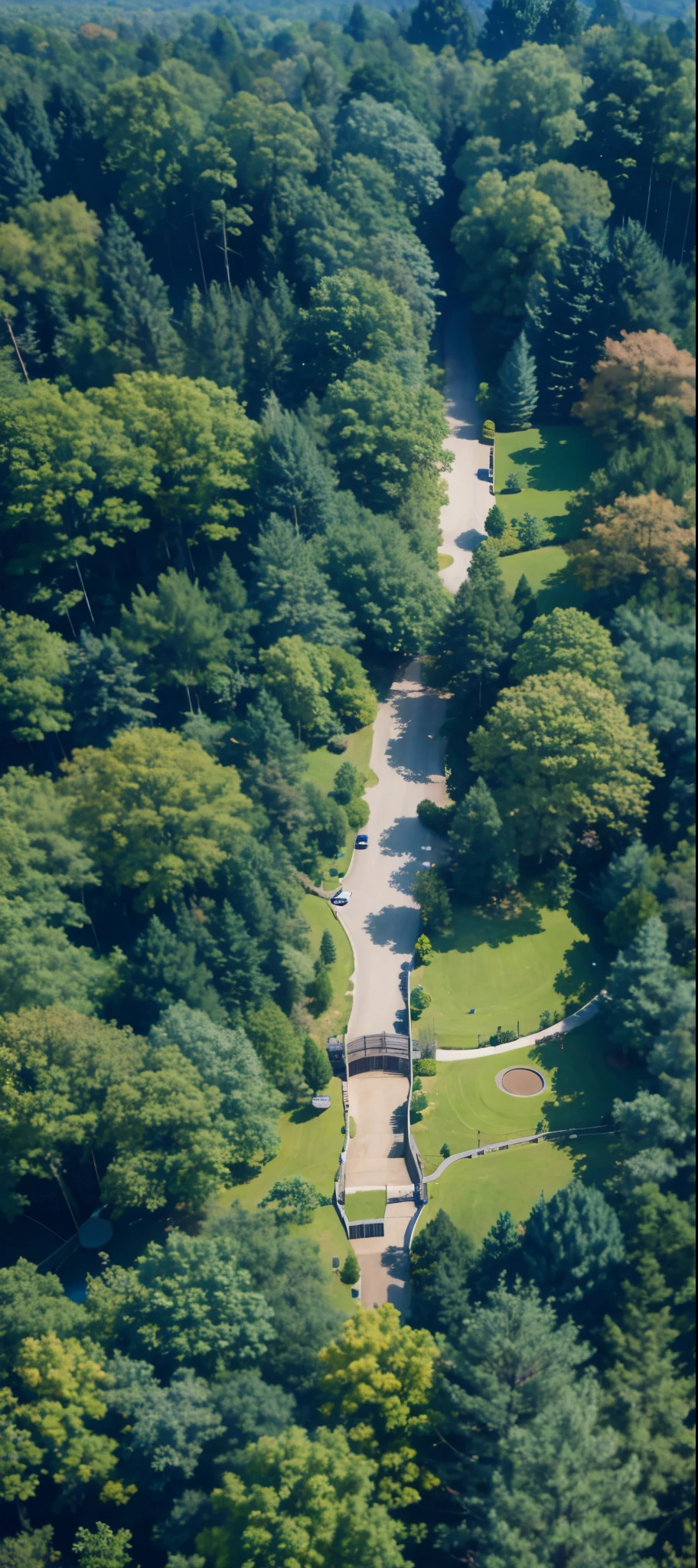 There is a long road that winds through the woods，Summer woods，Tree tops，Fresh picture，Exquisite details，forest，Viewed from directly above, seen from above, top down photo, bird&#39;s eye view