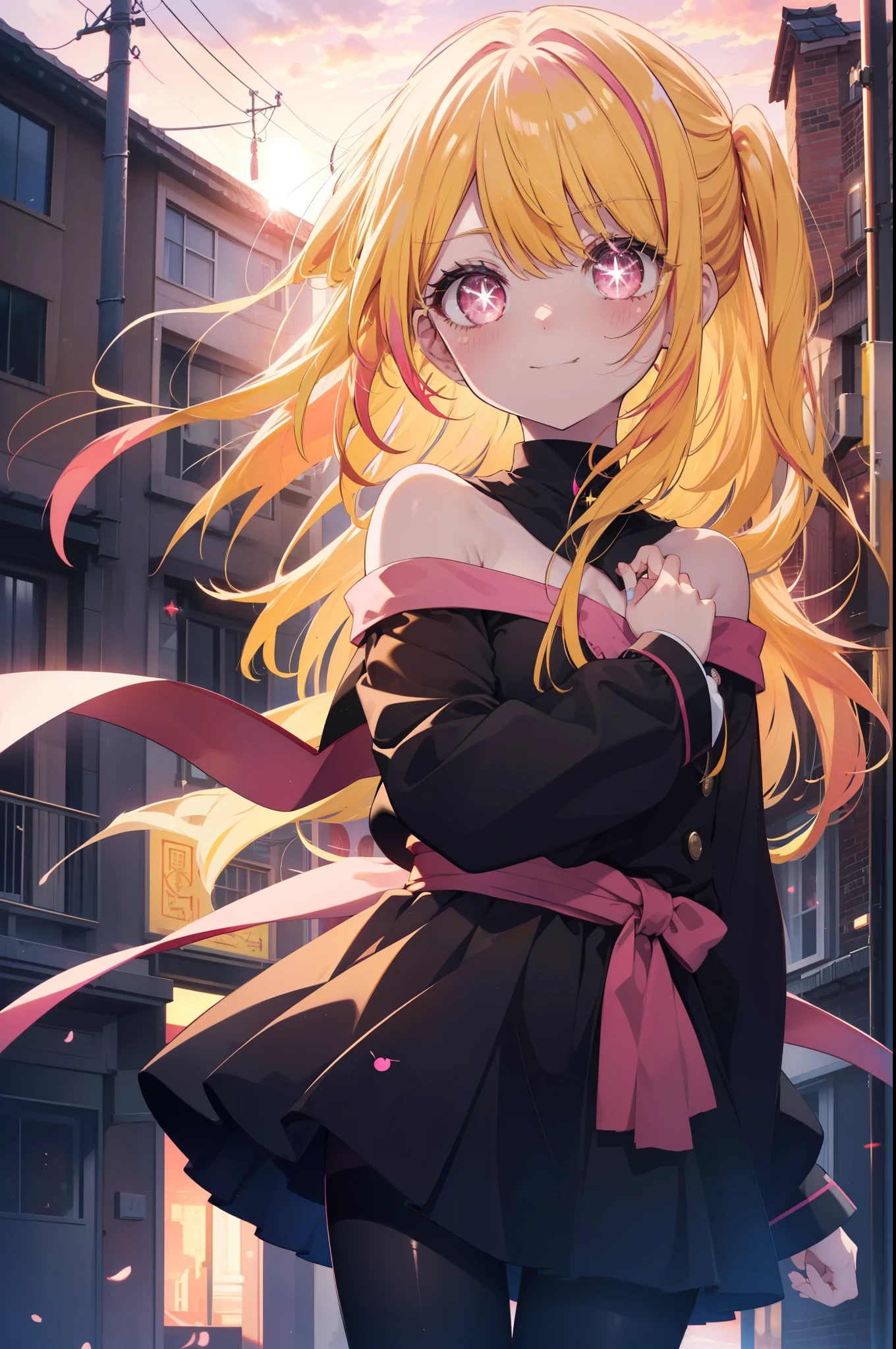 rubyhoshino, Ruby Hoshino, (yellow hair:1.5), long hair, one side up, (pink eyes:1.5), side lock, (right eye star-shaped pupil:1.5), (pupil in the shape of a symbol:1.5), blush,smiling red long coat,off shoulder sweater,bare clavicle,naked neck,bare shoulders,pleated skirt,black pantyhose,short boots,sunset,evening,The sun is setting between the buildings,put both arms behind one's back,
break looking at viewer,
break indoors, In town,building street,
break (masterpiece:1.2), highest quality, High resolution, unity 8k wallpaper, (figure:0.8), (detailed and beautiful eyes:1.6), highly detailed face, perfect lighting, Very detailed CG, (perfect hands, perfect anatomy),