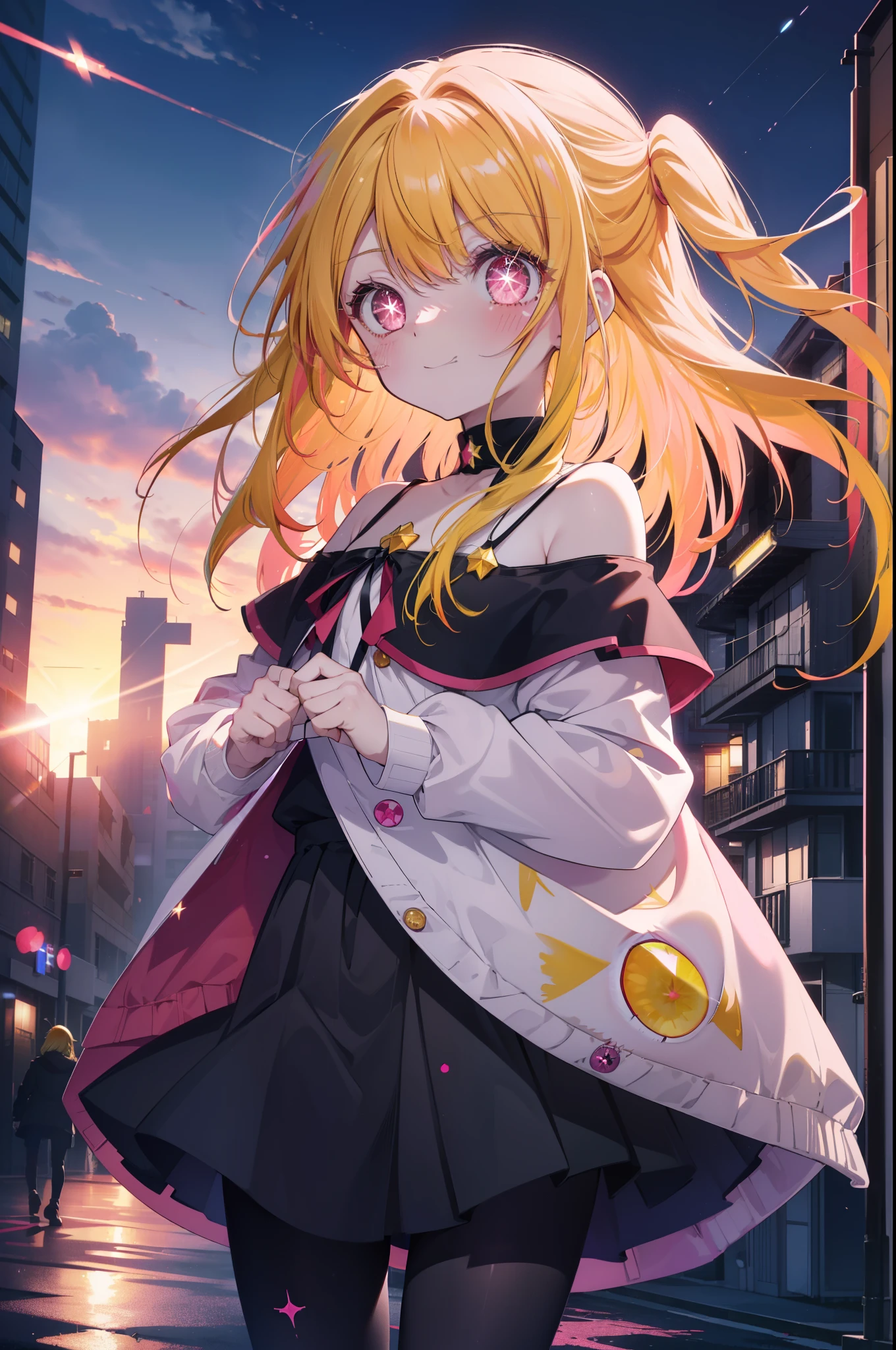 rubyhoshino, Ruby Hoshino, (yellow hair:1.5), long hair, one side up, (pink eyes:1.5), side lock, (right eye star-shaped pupil:1.5), (pupil in the shape of a symbol:1.5), blush,smiling red long coat,off shoulder sweater,bare clavicle,naked neck,bare shoulders,pleated skirt,black pantyhose,short boots,sunset,evening,The sun is setting between the buildings,put both arms behind one's back,
break looking at viewer,
break indoors, In town,building street,
break (masterpiece:1.2), highest quality, High resolution, unity 8k wallpaper, (figure:0.8), (detailed and beautiful eyes:1.6), highly detailed face, perfect lighting, Very detailed CG, (perfect hands, perfect anatomy),