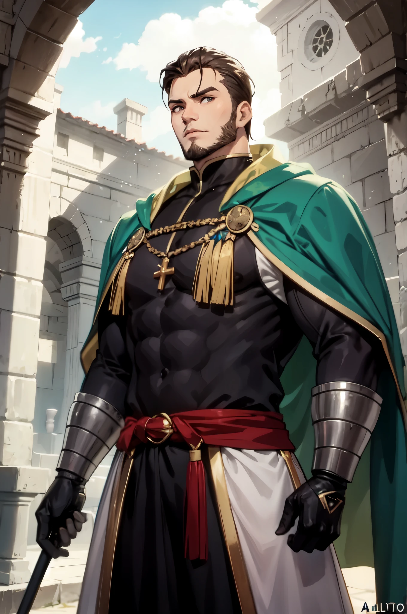 Homem, blonde, adulto, alto, forte, homem grande, musculoso, com barba loira, medieval, anime, soldado, armadura, cavaleiro, olhos azuis, olhos perfeitos