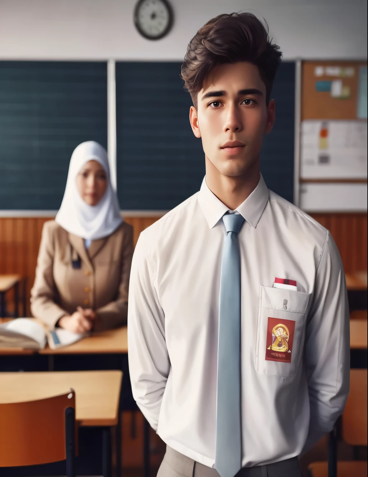 there is a man standing in a classroom with a woman sitting behind him, jk uniform, standing in class, as a strict school teacher ), teacher, in the background, inspired by Erik Pevernagie, school class, in a classroom, wearing school uniform, wearing a school uniform, smooth in _ the background, mid shot portrait, portrait shot, screenshot from a movie