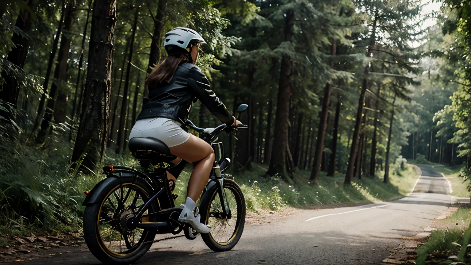 Woman riding electric bike, classic style, ultra real, forest background, epicrealism
