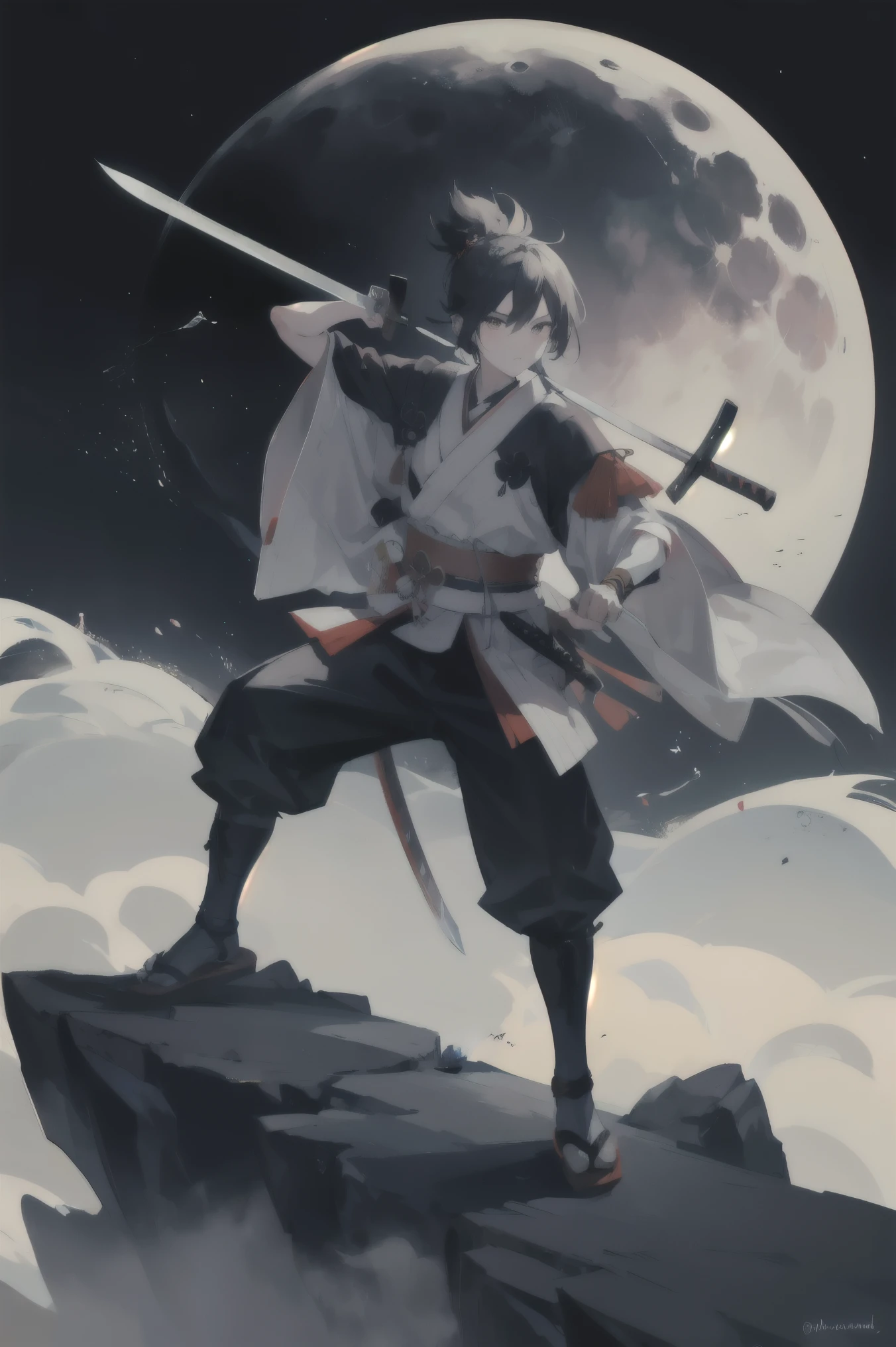 Boy, samurai, moon, fog, sword, on mountain, looking at the camera