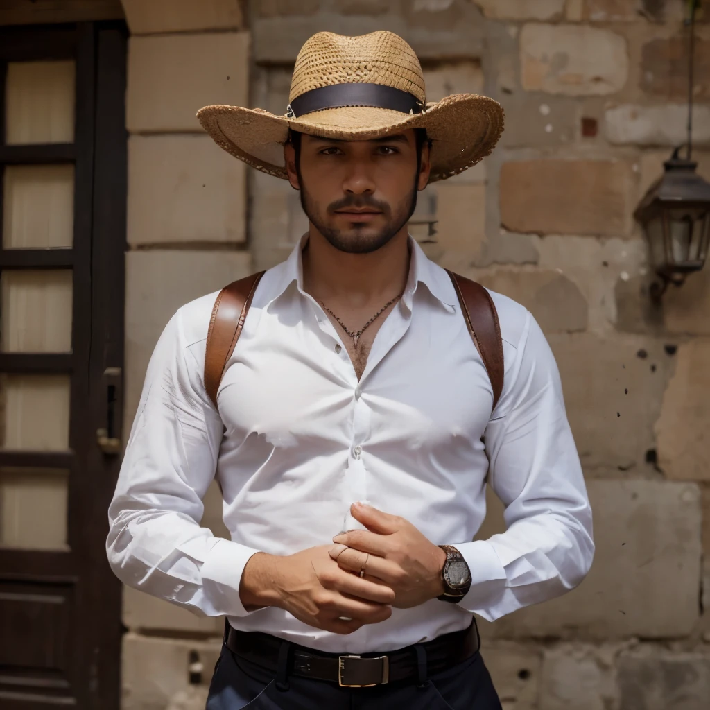  hombre alto y robusto, con una mirada dura y penetrante. Viste un sombrero de ala ancha, una camisa remangada y pantalones de montar. In his hand he carries a whip