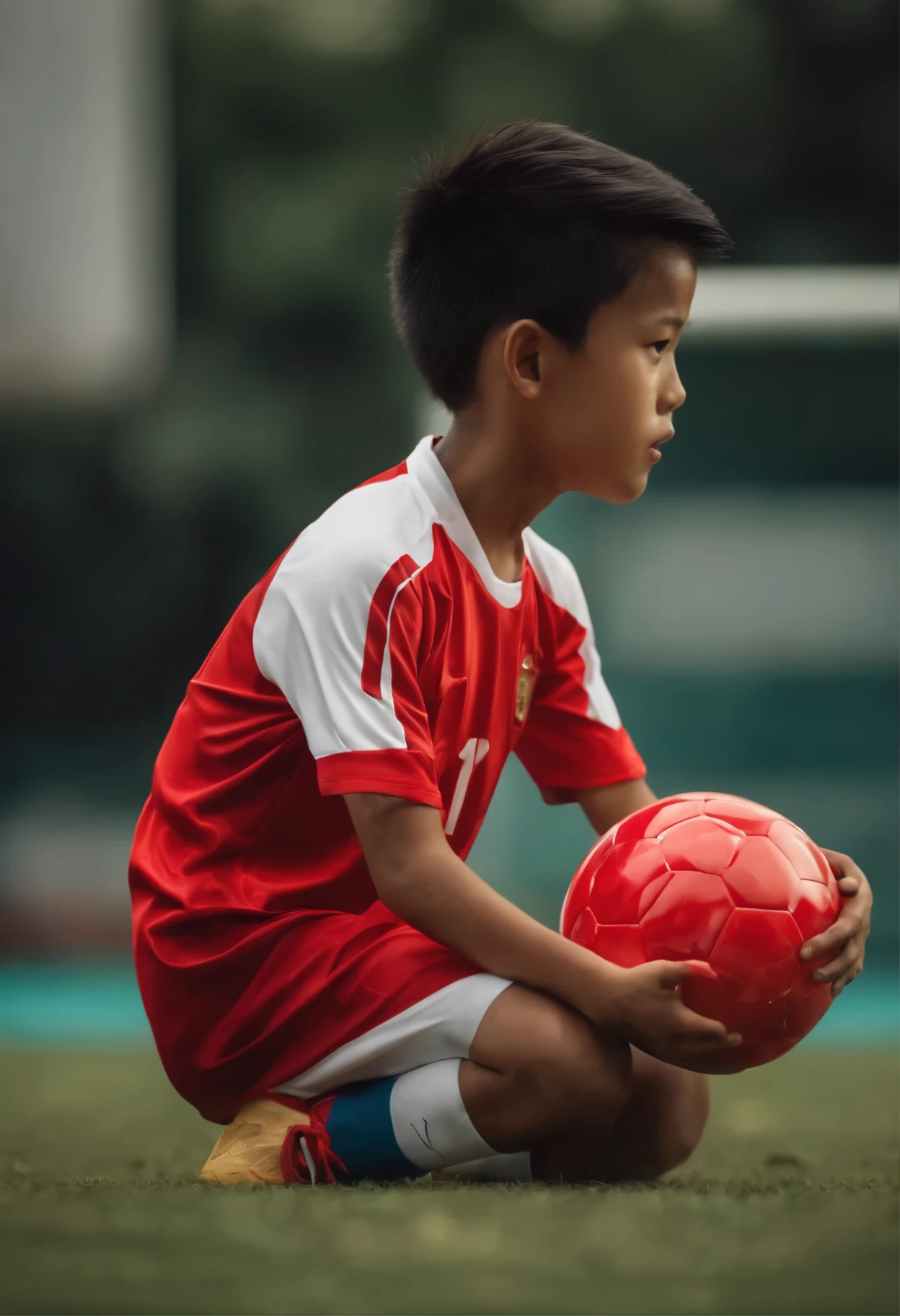 a boy playing soccer, soccer court, with the uniform of the Indonesian team and shirt number 10