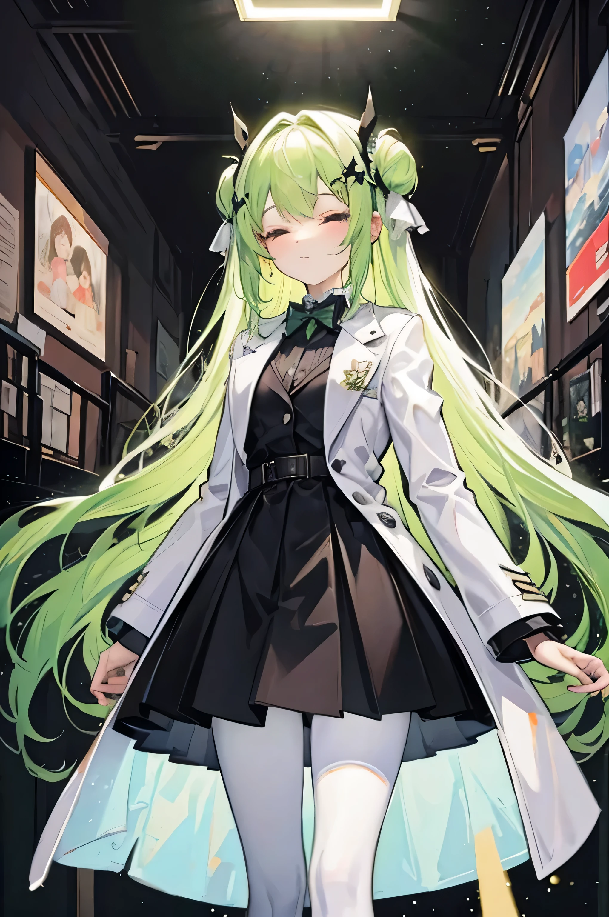 Long light green hair，eyes closed，（white coat：5），formal suit，skirt，（black pantyhose：10），eat，Android，indoor，underground，dark night，calm，Face as frost，（standing posture：2），hair accessories，normal view，uniform，girl，，small