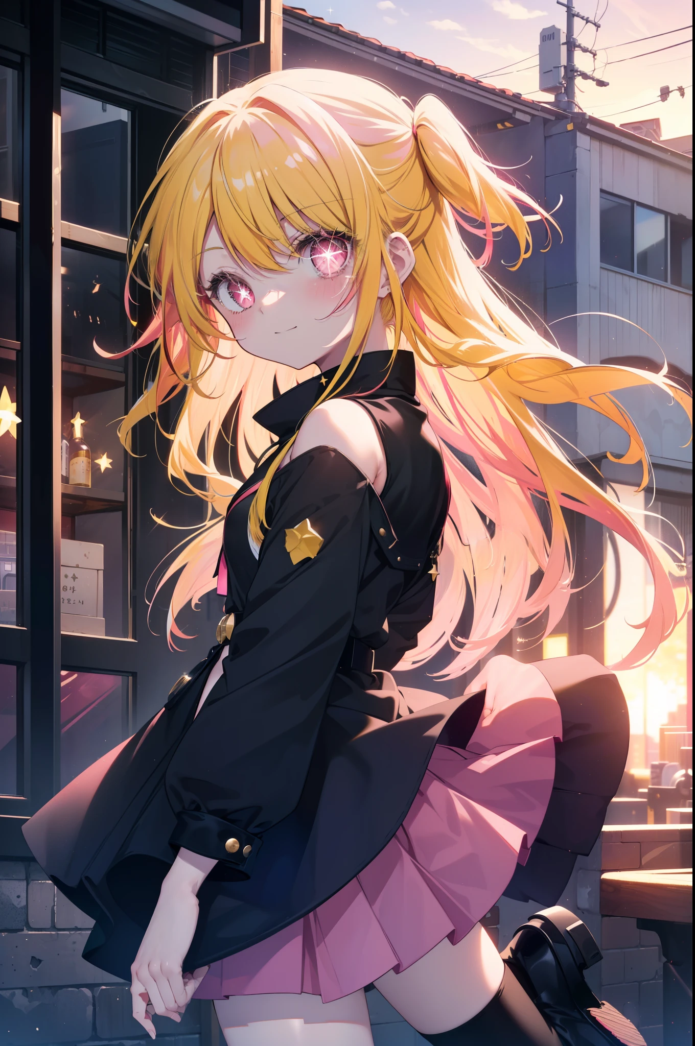 rubyhoshino, Ruby Hoshino, (yellow hair:1.5), long hair, one side up, (pink eyes:1.5), side lock, (right eye star-shaped pupil:1.5), (pupil in the shape of a symbol:1.5), blush,smiling red long coat,off shoulder sweater,bare clavicle,naked neck,bare shoulders,pleated skirt,black pantyhose,short boots,sunset,evening,The sun is setting between the buildings,put both arms behind one's back,
break looking at viewer,
break indoors, In town,building street,
break (masterpiece:1.2), highest quality, High resolution, unity 8k wallpaper, (figure:0.8), (detailed and beautiful eyes:1.6), highly detailed face, perfect lighting, Very detailed CG, (perfect hands, perfect anatomy),