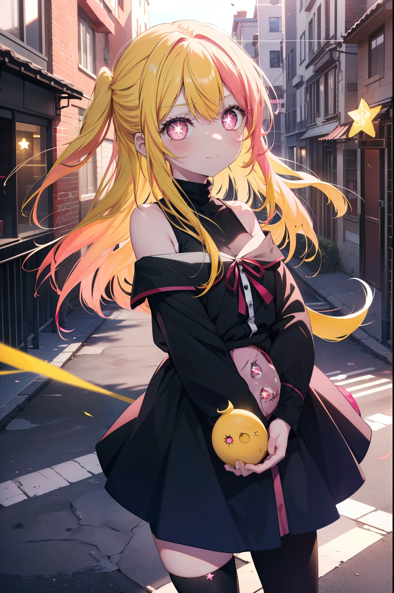 rubyhoshino, Ruby Hoshino, (yellow hair:1.5), long hair, one side up, (pink eyes:1.5), side lock, (right eye star-shaped pupil:1.5), (pupil in the shape of a symbol:1.5), blush,smiling red long coat,off shoulder sweater,bare clavicle,naked neck,bare shoulders,pleated skirt,black pantyhose,short boots,sunset,evening,The sun is setting between the buildings,put both arms behind one's back,
break looking at viewer,
break indoors, In town,building street,
break (masterpiece:1.2), highest quality, High resolution, unity 8k wallpaper, (figure:0.8), (detailed and beautiful eyes:1.6), highly detailed face, perfect lighting, Very detailed CG, (perfect hands, perfect anatomy),