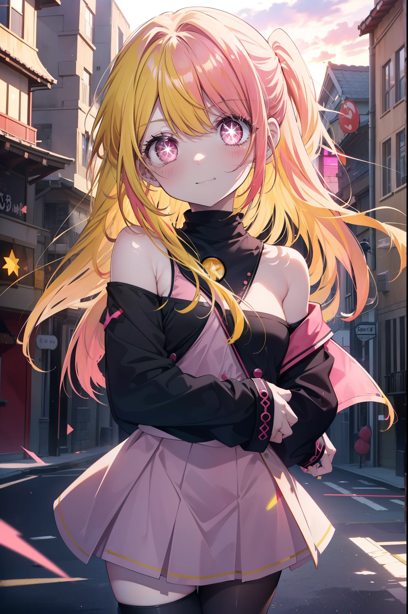 rubyhoshino, Ruby Hoshino, (yellow hair:1.5), long hair, one side up, (pink eyes:1.5), side lock, (right eye star-shaped pupil:1.5), (pupil in the shape of a symbol:1.5), blush,smiling red long coat,off shoulder sweater,bare clavicle,naked neck,bare shoulders,pleated skirt,black pantyhose,short boots,sunset,evening,The sun is setting between the buildings,put both arms behind one's back,
break looking at viewer,
break indoors, In town,building street,
break (masterpiece:1.2), highest quality, High resolution, unity 8k wallpaper, (figure:0.8), (detailed and beautiful eyes:1.6), highly detailed face, perfect lighting, Very detailed CG, (perfect hands, perfect anatomy),