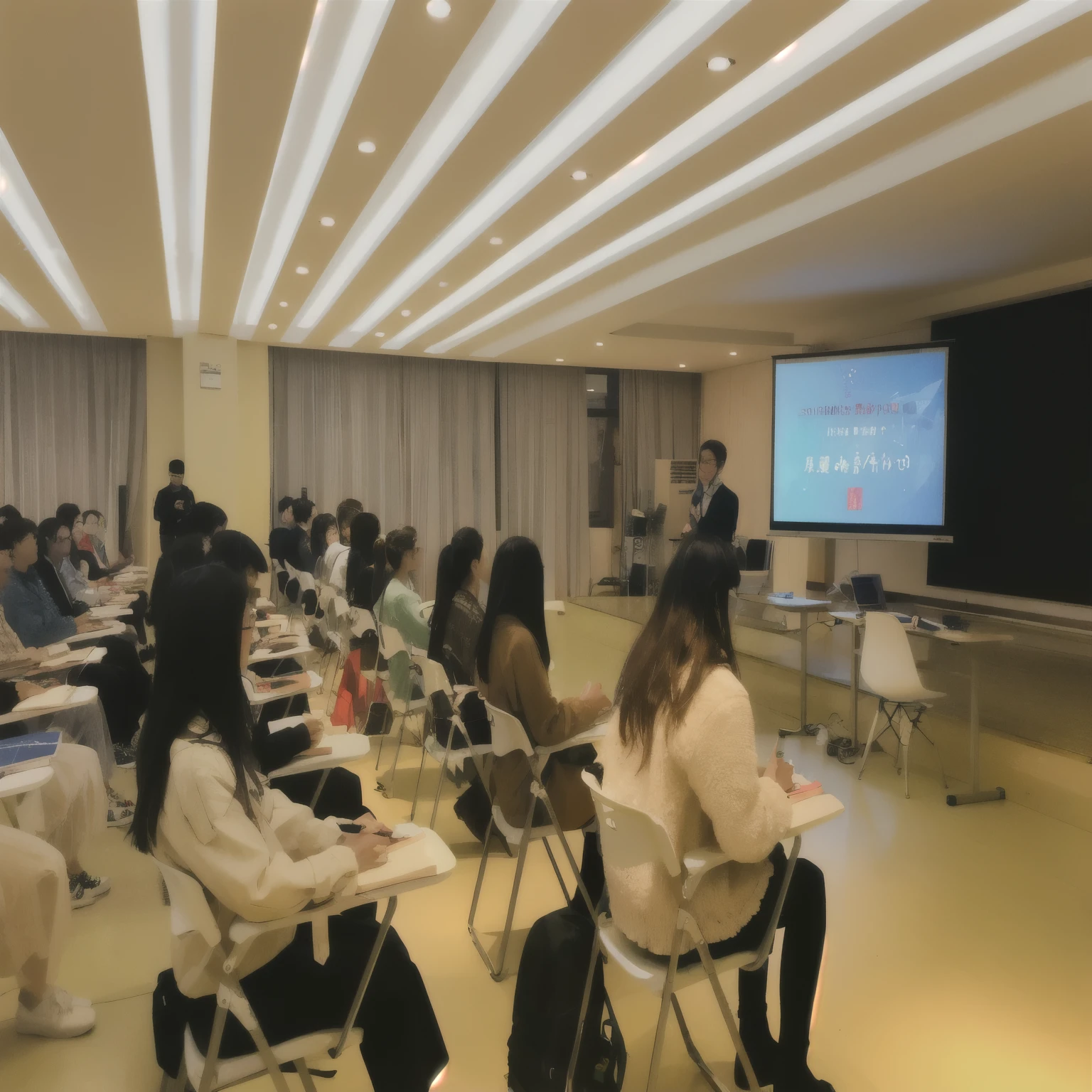 Many people sitting at table in room with projector screen, teacher, classroom photos, workshop, The photo shows a large, Wide-angle lens, Wide-angle lens, The complete theme is shown in the photo, Study in a bright room, 