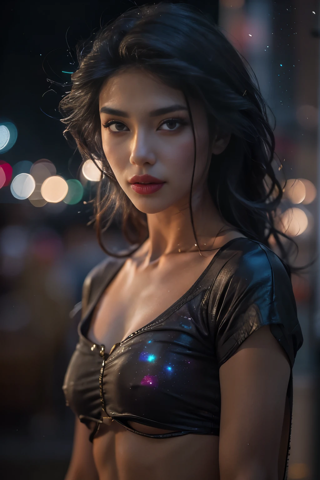 lndswgnr, (Sharp focus: 1.5), (sharp focus:1.2), portrait, attractive young Arabian woman, (beautiful face:1.1), detailed eyes shining beautifully like opal, luscious lips, (no makeup:1.2), (tight and toned body:1.2), wearing T-shirt, (amazing galaxy and nubula in the night sky:1.6), depth of field, bokeh, 4K, HDR. by (James C. Christensen:1.2|Jeremy Lipking:1.1). (NSFW:1.2), moist skin, seductive smile, (beautiful abs:1.2), (mascular:1.4), sexy posing, erotic expression, (flat chest:1.3), beautiful nipples, laughing