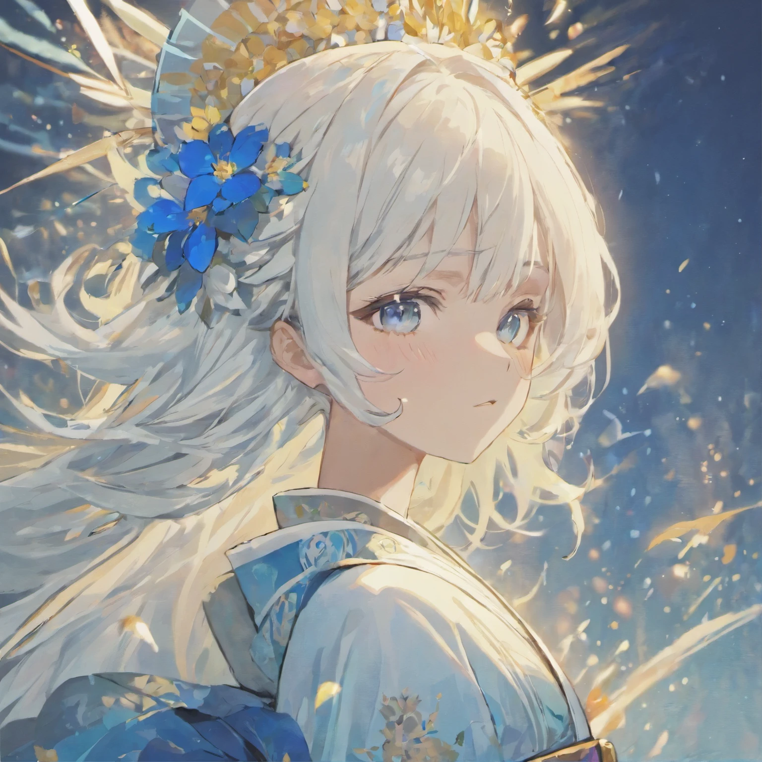 male , white hair , white eyelashes , icy eyes color , wearing white kimono with blue flower pattern