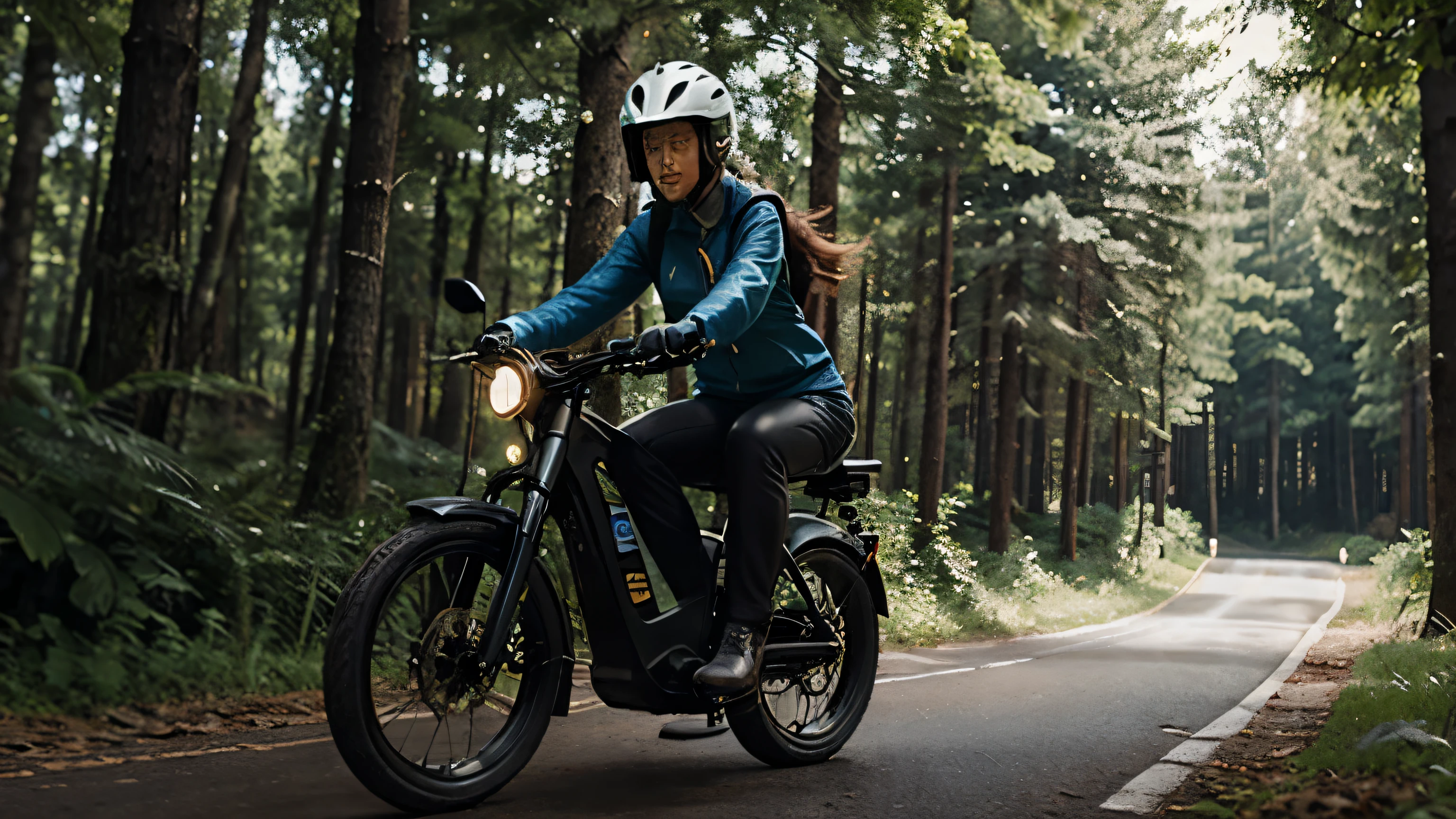 Woman riding electric bike, classic style, ultra real, forest background, epicrealism, cyber helmet, background blur