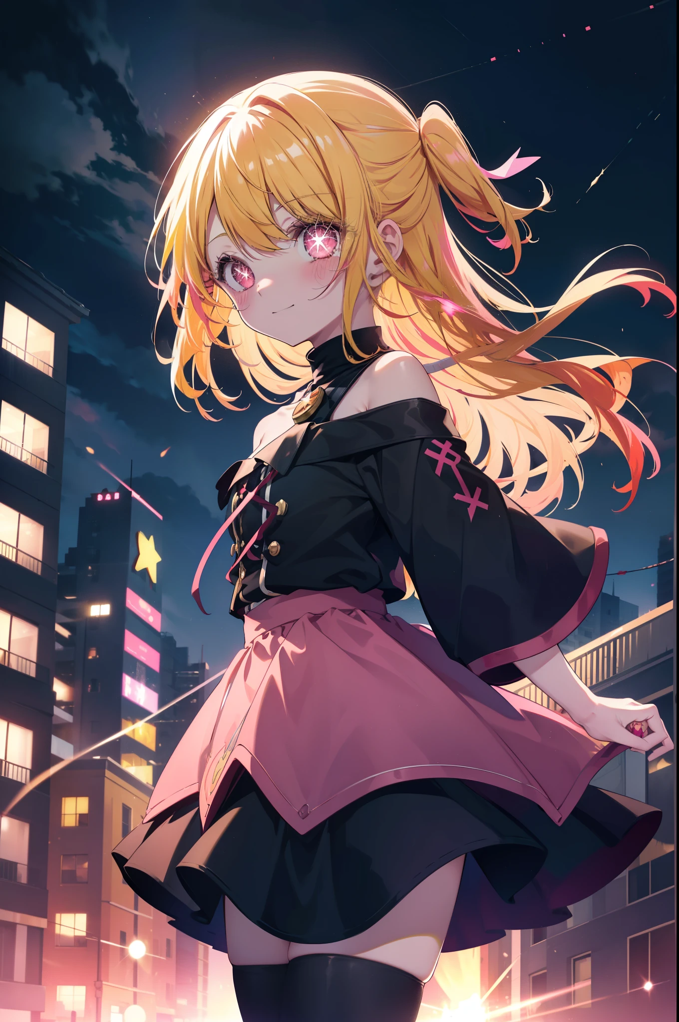 rubyhoshino, Ruby Hoshino, (yellow hair:1.5), long hair, one side up, (pink eyes:1.5), side lock, (right eye　star-shaped pupil:1.5), (pupil in the shape of a symbol:1.5), blush,smiling red long coat,off shoulder sweater,bare clavicle,naked neck,bare shoulders,pleated skirt,black pantyhose,short boots,sunset,evening,The sun is setting between the buildings,put both arms behind one&#39;s back,
break looking at viewer,
break indoors, In town,building street,
break (masterpiece:1.2), highest quality, High resolution, unity 8k wallpaper, (figure:0.8), (detailed and beautiful eyes:1.6), highly detailed face, perfect lighting, Very detailed CG, (perfect hands, perfect anatomy),