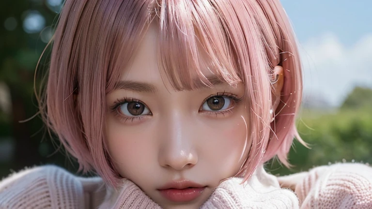 (bob cut hair, pink hair:1.2),(wear turtleneck clothes:1.2),1 girl,Japanese,21 years old,(small breasts:1.3),(highest quality,masterpiece:1.3,超A high resolution,),(super detailed,caustics),(Photoreal:1.4,RAW shooting,)ultra-realistic capture,very detailed,High resolution 16K human skin close-up。 natural skin texture、,The pores are、、Must be detailed enough to be easily identified。 Skin should look even-toned and healthy。 Use natural light and color, sad expression, look at the camera, perfect dynamic composition, outdoors