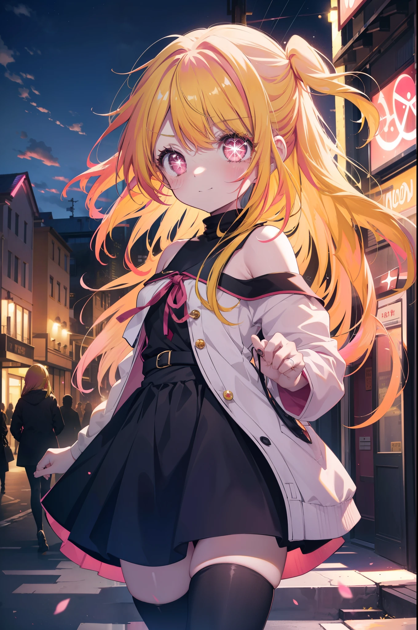 rubyhoshino, Ruby Hoshino, (yellow hair:1.5), long hair, one side up, (pink eyes:1.5), side lock, (right eye　star-shaped pupil:1.5), (pupil in the shape of a symbol:1.5), blush,smiling red long coat,off shoulder sweater,bare clavicle,naked neck,bare shoulders,pleated skirt,black pantyhose,short boots,sunset,evening,The sun is setting between the buildings,put both arms behind one&#39;s back,
break looking at viewer,
break indoors, In town,building street,
break (masterpiece:1.2), highest quality, High resolution, unity 8k wallpaper, (figure:0.8), (detailed and beautiful eyes:1.6), highly detailed face, perfect lighting, Very detailed CG, (perfect hands, perfect anatomy),