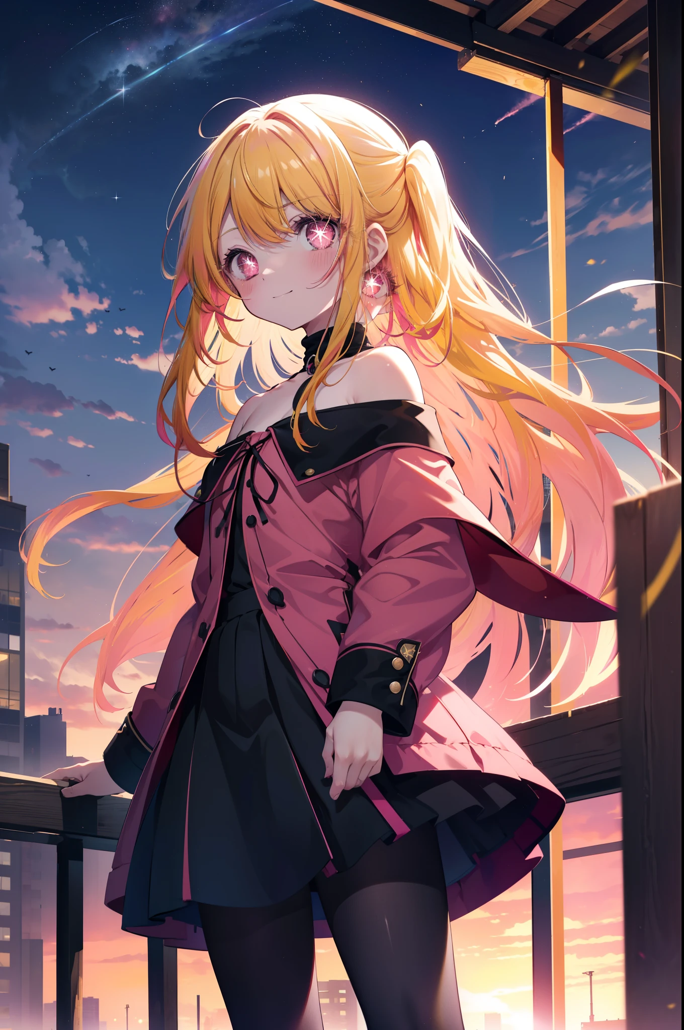 rubyhoshino, Ruby Hoshino, (yellow hair:1.5), long hair, one side up, (pink eyes:1.5), side lock, (right eye star-shaped pupil:1.5), (pupil in the shape of a symbol:1.5), blush,smiling red long coat,off shoulder sweater,bare clavicle,naked neck,bare shoulders,pleated skirt,black pantyhose,short boots,sunset,evening,The sun is setting between the buildings,put both arms behind one's back,
break looking at viewer,
break indoors, In town,building street,
break (masterpiece:1.2), highest quality, High resolution, unity 8k wallpaper, (figure:0.8), (detailed and beautiful eyes:1.6), highly detailed face, perfect lighting, Very detailed CG, (perfect hands, perfect anatomy),