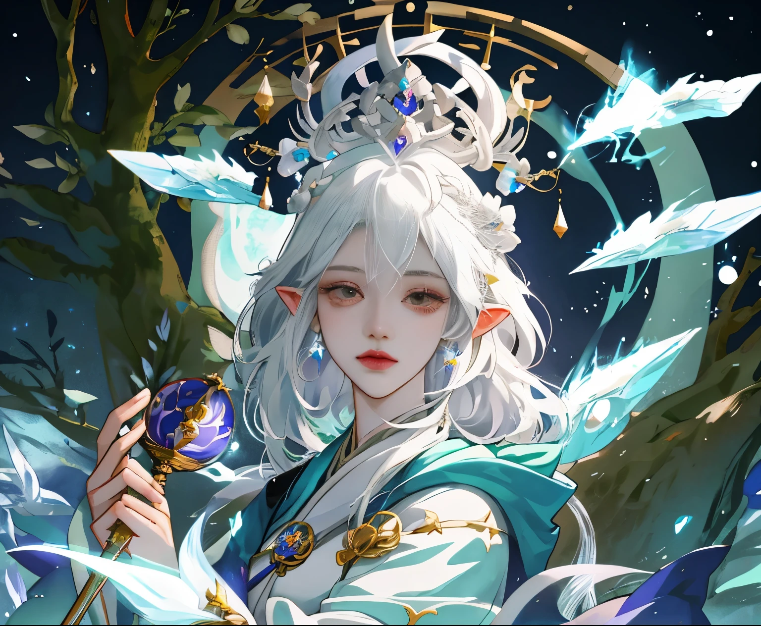 Anime - style illustration of a woman with a magic wand and a crystal ball, white-haired god, Keqing from Genshin Impact, Mago da Terra Feminino, Beautiful celestial mage, goddess of nature, An elf queen, Onmyoji detailed art, portrait of a forest mage, goddess of wisdom, /!\ sorceress woman, ((a beautiful fantasy empress))