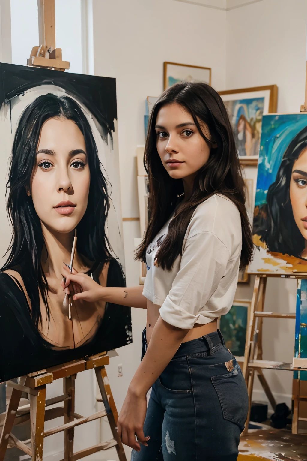 23 year old woman artist, in painting studio, dark eyes, dark hair, tan interior showcasing her artwork, photo next to her large painting