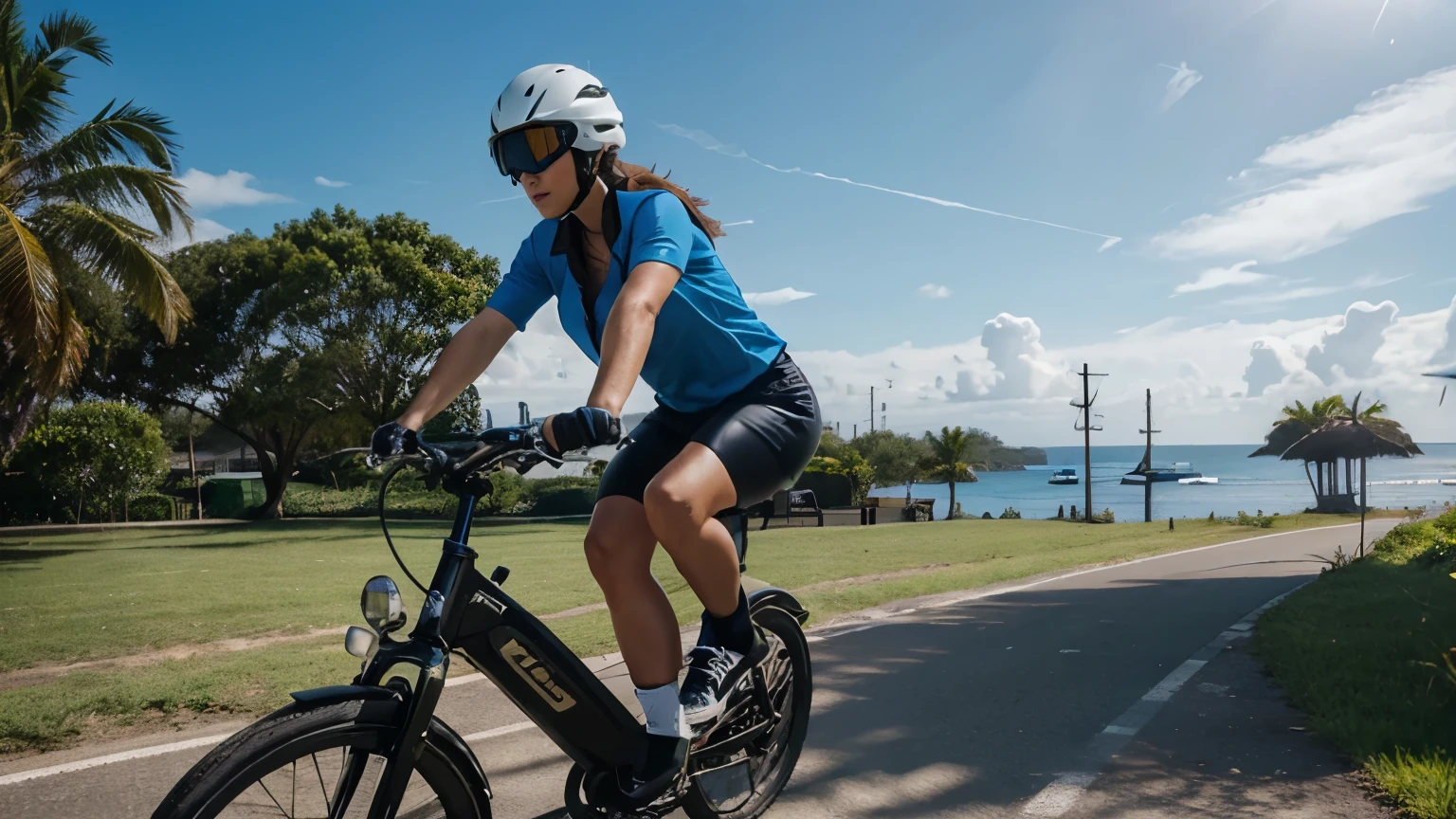 Woman riding electric bike, classic style, sports gear, ultra real, island background, epicrealism, cyber helmet