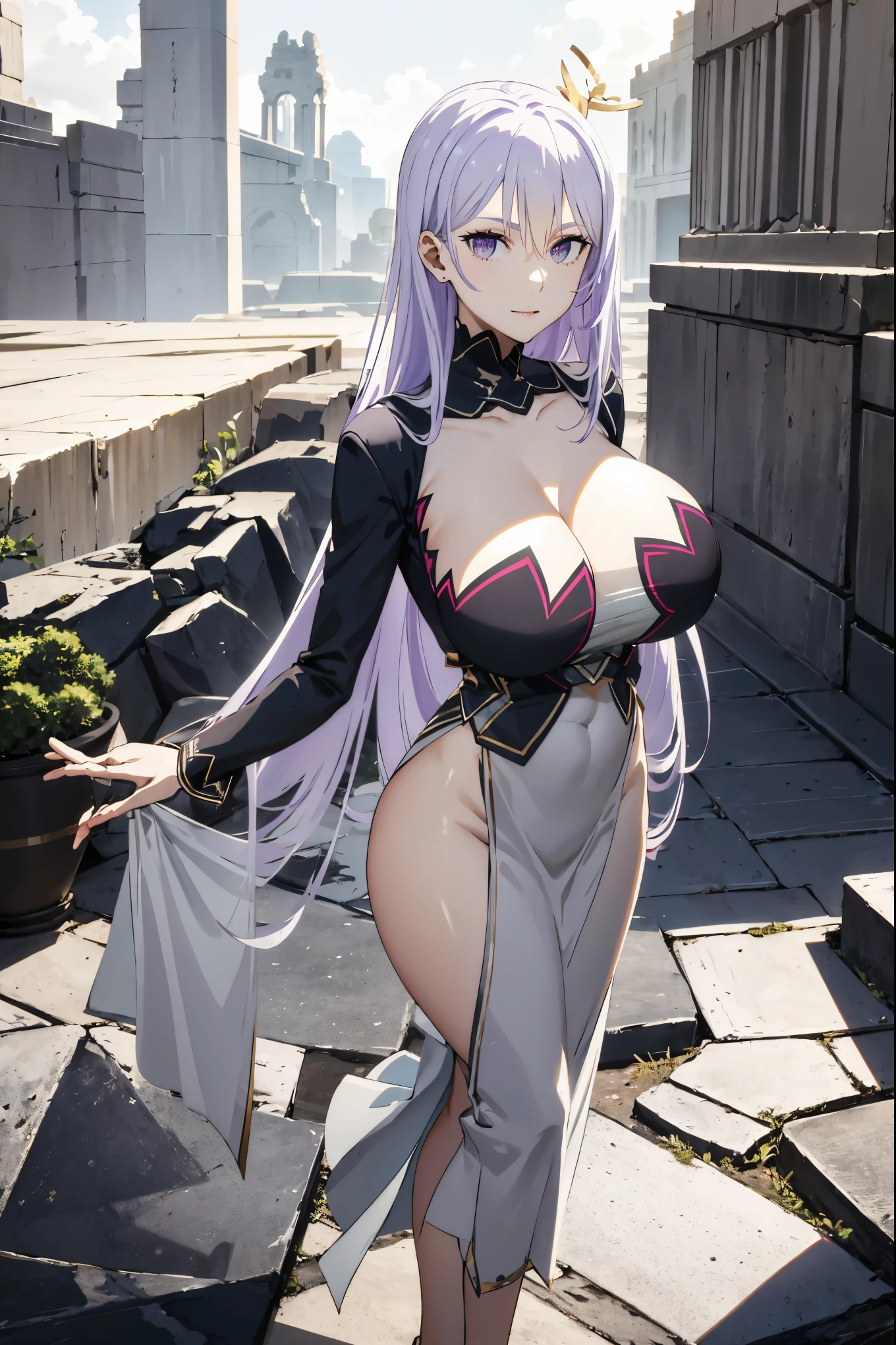 masterpiece, ((royal dressed)), ((wing)), halo, (best quality), (solo), 1girl, reona, silver hair, purple hair , (long skirt), long hair, purple eyes, sexy woman, hair between eyes, hair ornament, vibrant colors , natural lighting, RTX, (huge tits), (detailed face:1.2), (perfect eyes:1.1) ,(photorealistic:1.1), 8k uhd, looking a viewer, outdoors, simple backround, smile, (full body), standing pose, ((open legs), temple ruins, cleavage