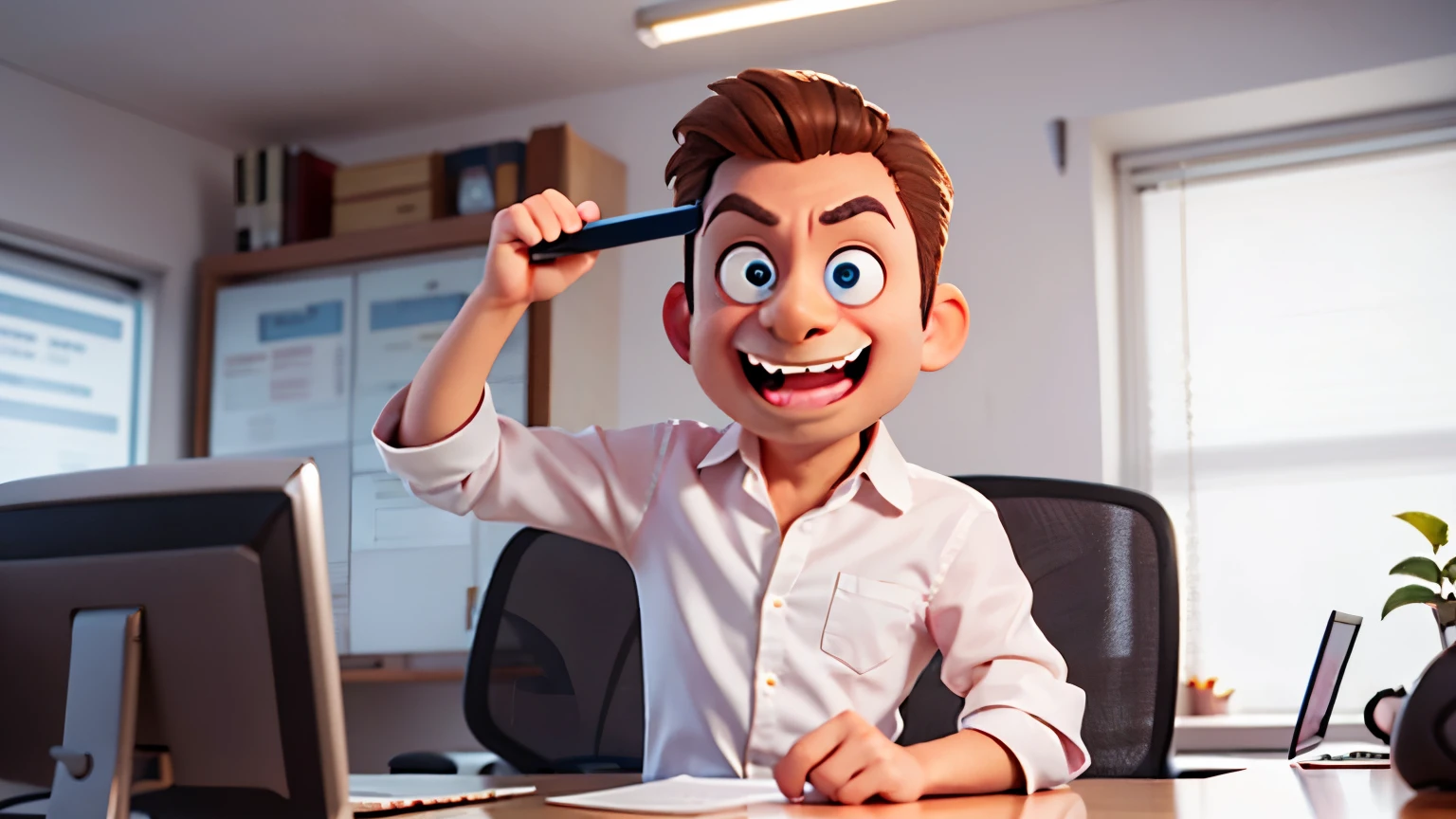crazy man with funny face and both eyes turn outward, half body, office attire, inside modern office background